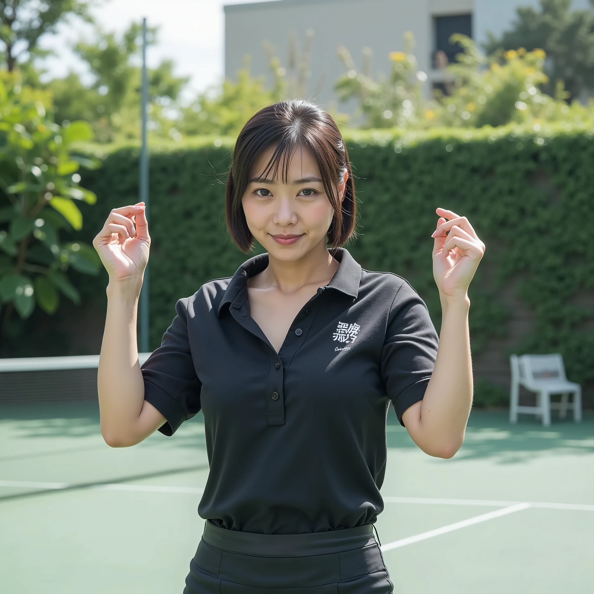 『1 Japanese Woman:1.3』『raw photo:1.3』Highest Quality:1.2、normal women who aren't beautiful、Country-smelling 、(Saggy Chest、narrow waist:1.2))、((35 year old woman))、without makeup『smiling showing teeth:1.2』、(((anatomically correct、perfect anatomy、anatomically correct指の本数)))、Realistic, Highest Quality, Ultra High Definition, RAW photo, (thin waist:1.5)、Saggy Eyes、Round face outline、((Full Bodyポートレート:1.3))、Full Body、shows off、画角にFull Body、Show your feet、Long Shot、drawing composition、no missing hands and feet、(polo shirt、pencil skirt:1 . 4)、Saggy Eyes:1 . 4、big round eyes、joy、Active Poses、(Please raise your arms and jump)、very thin thighs、tennis court、You can also see the park in the back、Full Bodyポートレート