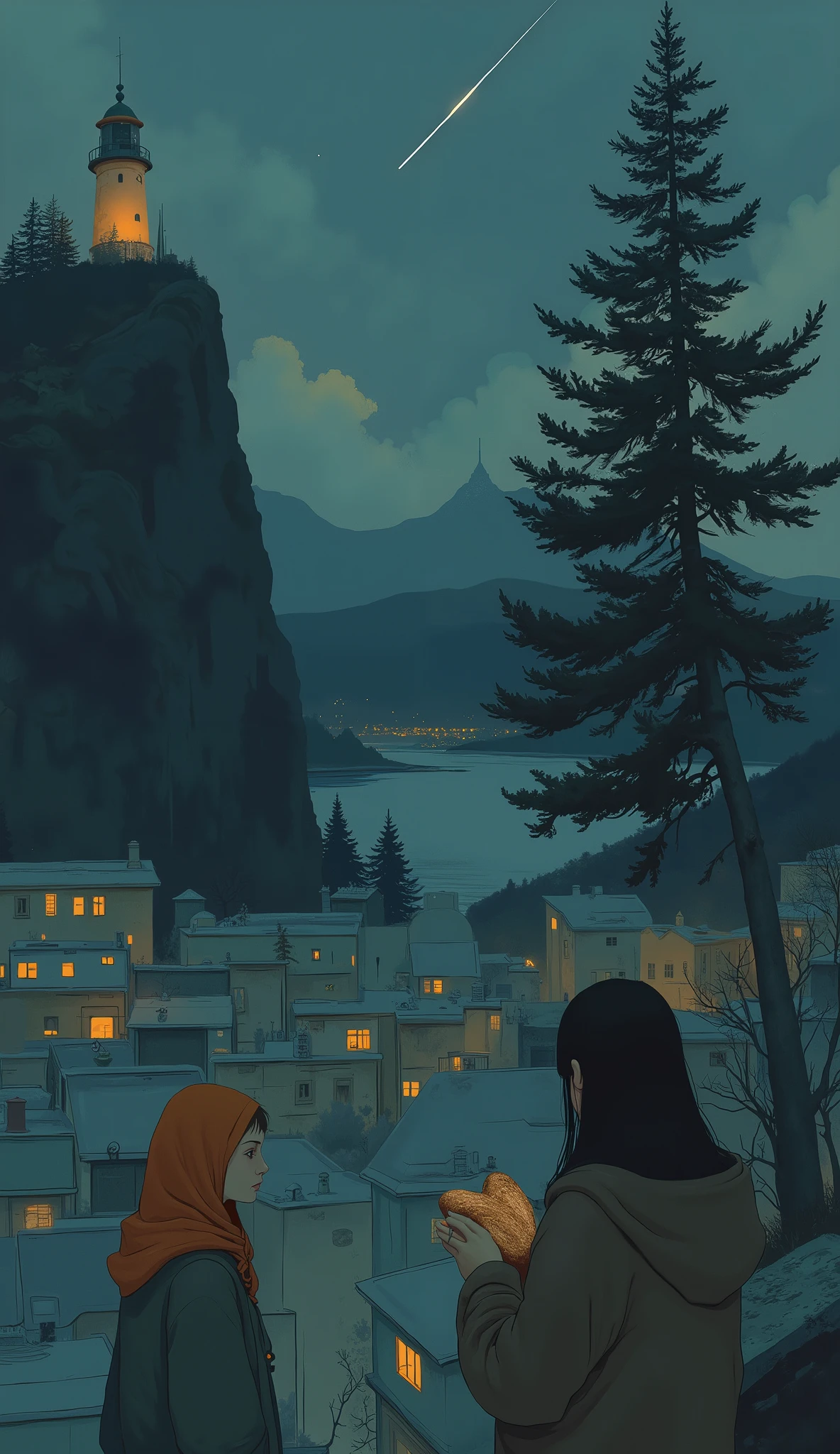 , under a star-studded night sky、, a lighthouse stands prominently atop a steep cliff, , casting a guiding light onto the sea. at night, Home々There are many houses in the 、, a towering spire bathed in the silent glow of the night. young woman with her hands crotched, , warmly dressed in a coat and large purple scarf, , framed against the silhouette of an evergreen tree, , providing a sense of warmth in a crisp atmosphere. In another scene,, , a lone tree stands beneath the same bright sky, A meteor crosses, , adding a dynamic element to a tranquil setting. lastly, people, , wearing an orange hooded jacket over a red undershirt, パンの切れ端をat nightに持つ, , highlighting the simple pleasures amid the beauty of the tranquil night. , the overall atmosphere is serene and introspective, , enhanced by the clear, cool night air.