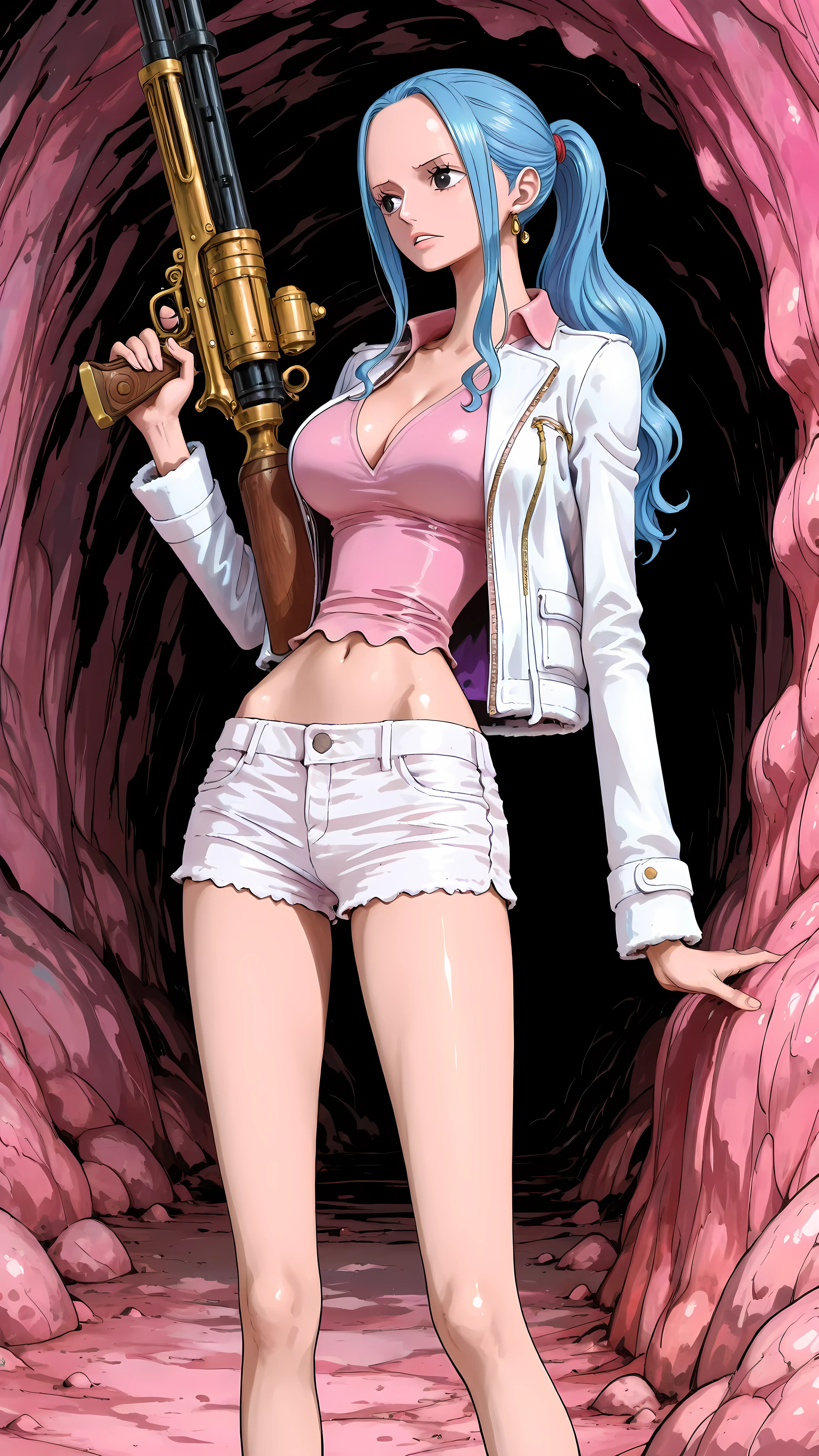 (masterpiece,best quality:1.2,amazing quality,very aesthetic, absurdres, newest), (full coloring), official style,(Nefertari Vivi ,one piece),1girl,solo,(skinny:1.2), medium breasts,ponytail,white jacket,collared jacket,pink shirt,V-neck,midriff,white shorts,holding a large gun,standing,in pink cave,