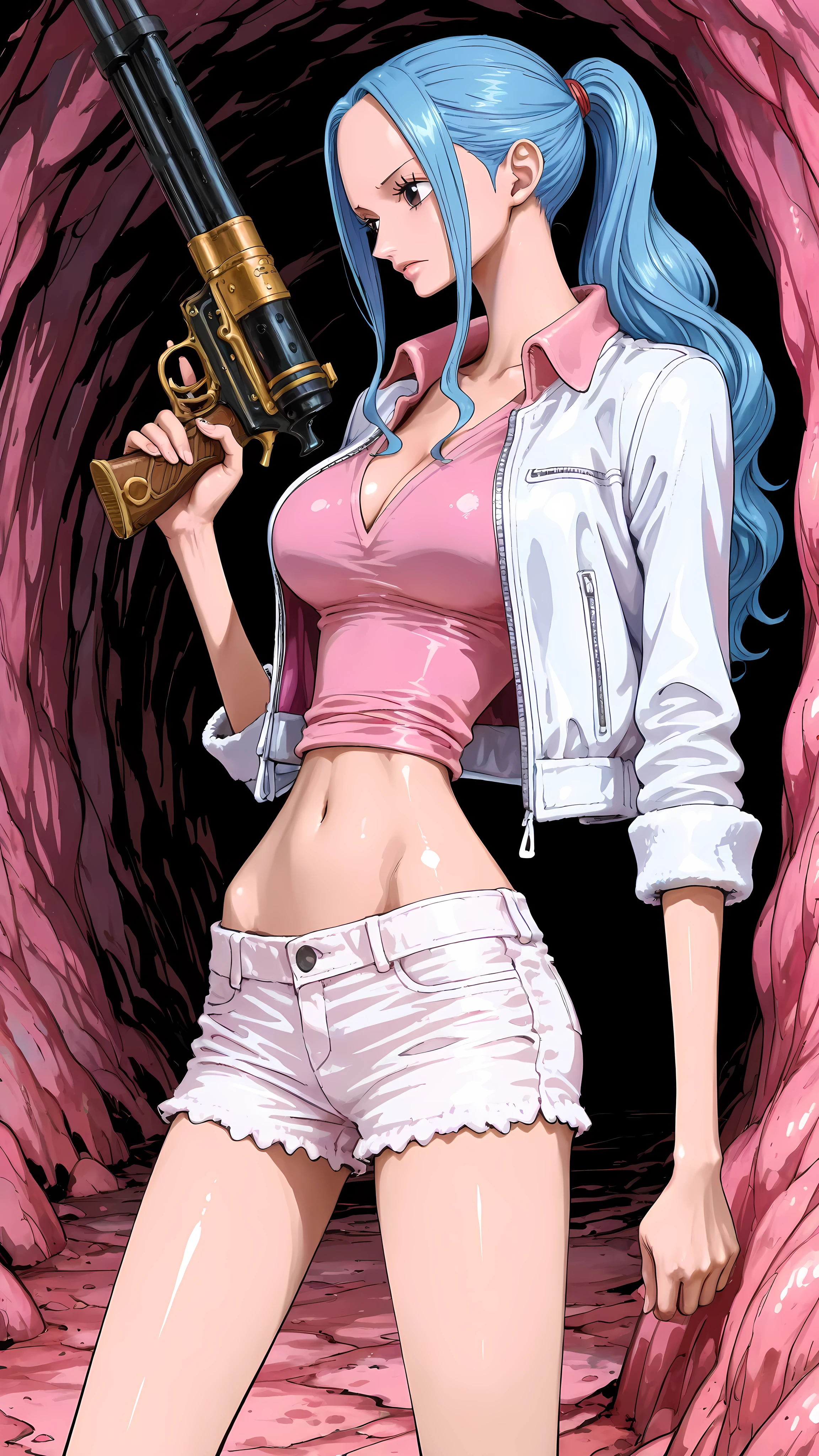 (masterpiece,best quality:1.2,amazing quality,very aesthetic, absurdres, newest), (full coloring), official style,(Nefertari Vivi ,one piece),1girl,solo,(skinny:1.2), medium breasts,ponytail,white jacket,collared jacket,pink shirt,V-neck,midriff,white shorts,holding a large gun,standing,in pink cave,