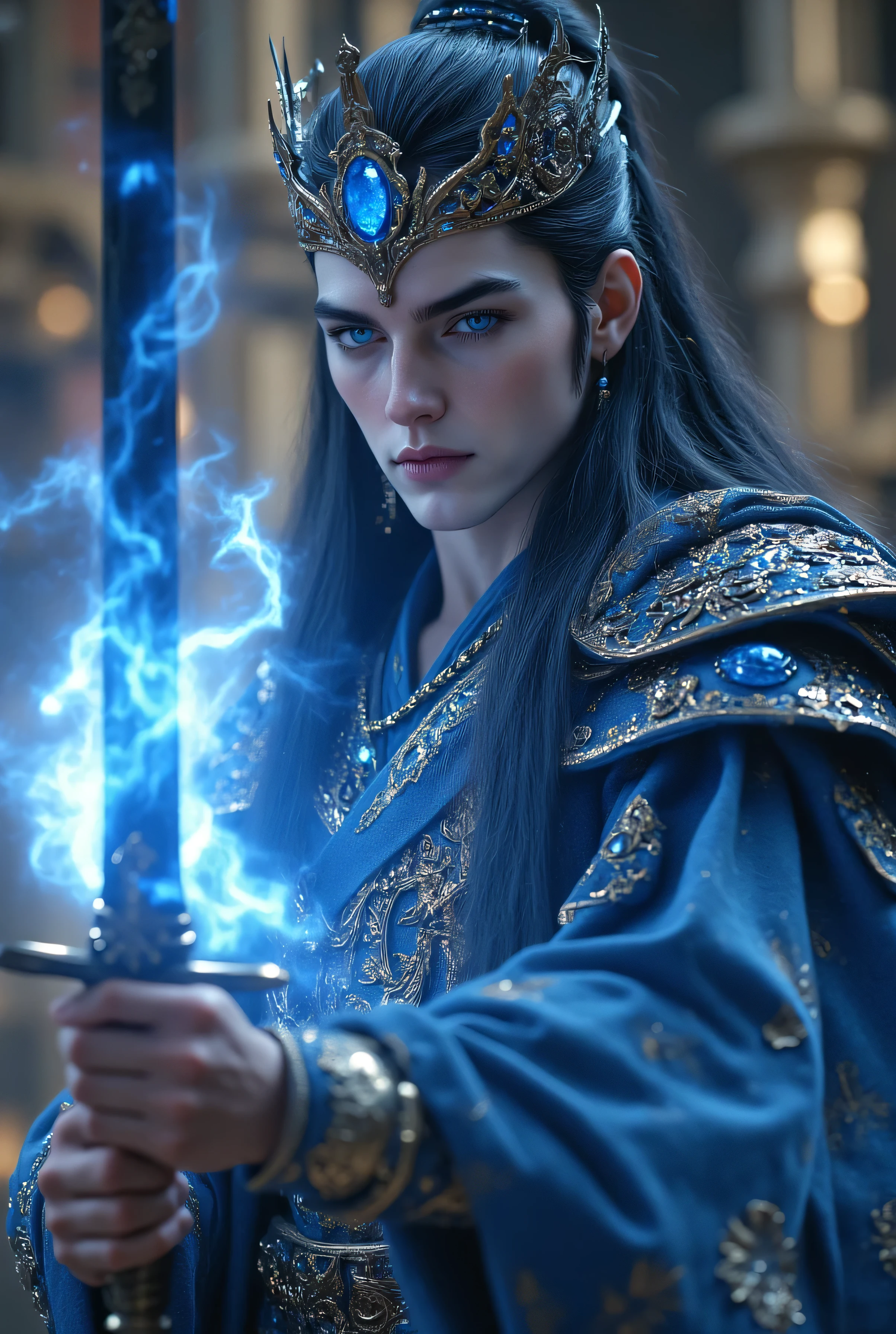 Smooth white skin around the mouth、white, smooth, clean jaw、very very big blue eyes、hanging eye、Dark Blue Long Hair 、Dark Blue Eyebrows 、Clean, high nose、A gorgeous large crown with blue jewels、LARGE BLUE STONE LUXURY NECKLACE、gorgeous earrings、fantastic real fantasy live action、Ultra-fine and precise live action hands、man in a gorgeous fantasy costume with long sleeves、grumpy、dynamic pose using sword and magic、Magical Swordsman is a 40-year-old male、Beautiful smooth white skin、King of the Magical Swordsmen in the Library of Magic Above the Clouds、I'm taking my eyes off and looking into the distance