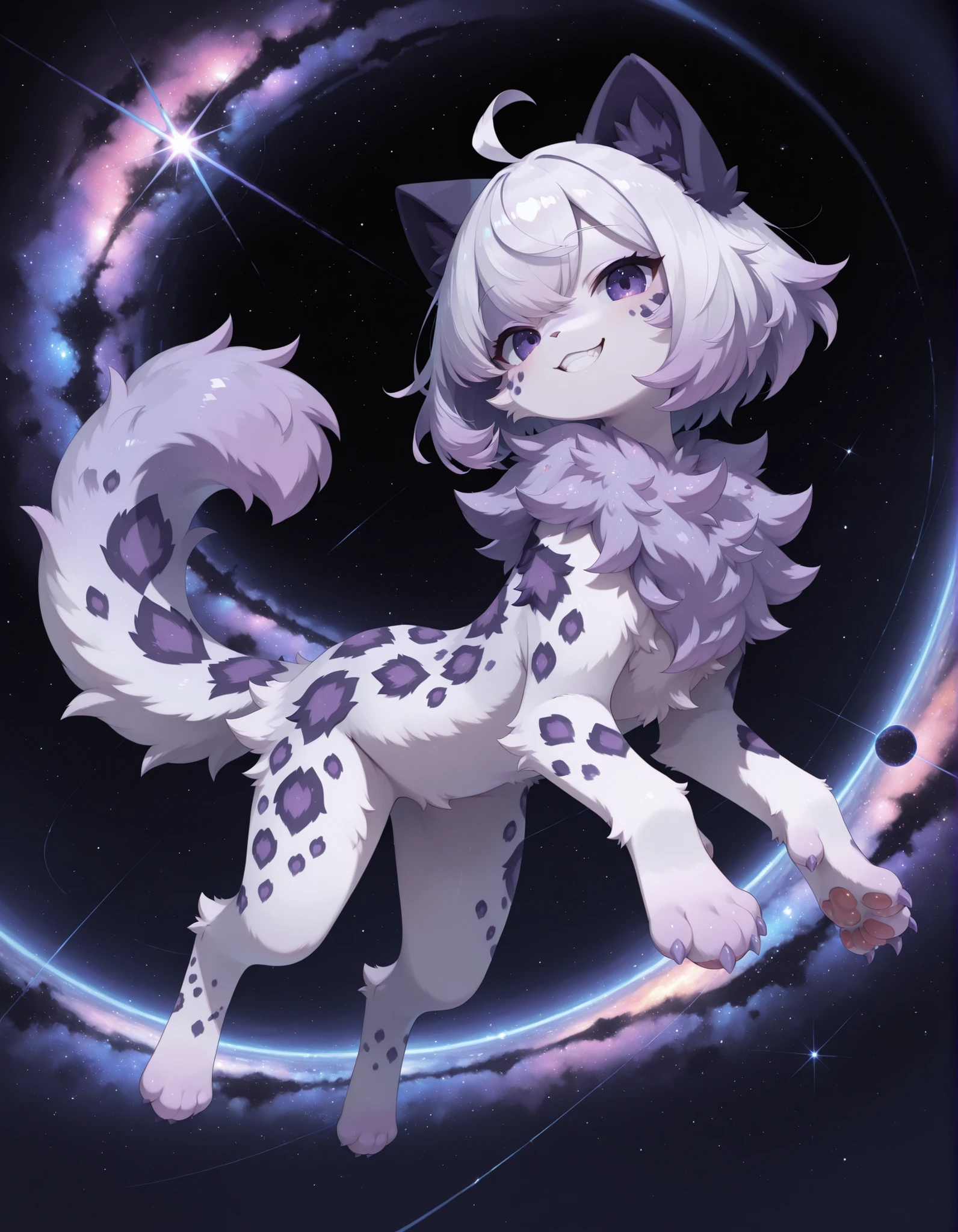 (Noxmauve:1.3),, solo, female, hair, fluffy, tail, smile, looking at viewer, white body, teeth, feral, semi-anthro, claws, white fur, tuft, markings, leopard, paws, 3 toes, pawpads, purple body, spots, grin, purple fur, quadruped, star, sparklefur, cosmic background, galaxy, felid, feline, pantherine, digital media \(artwork\), colorful theme, masterpiece, absurdres, gosdoq