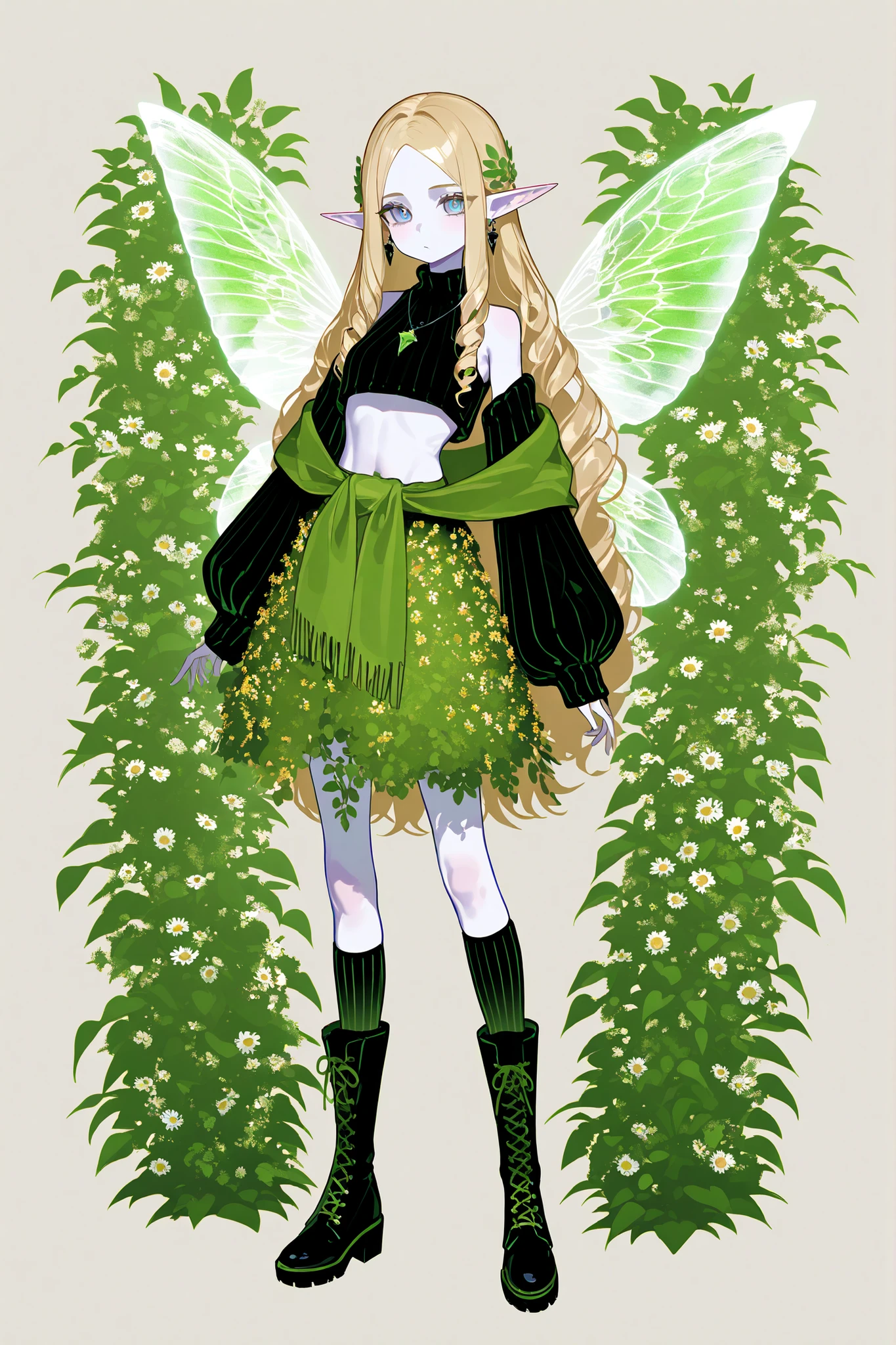 (xxx667_illu,novuschroma15 style,) Faèrie princess. She has tall, thin miniature physique. She has holographic dragonfly wings. She has pale ivory skin and long pointy elf ears. Her eyes are sky-blue. She has longest floor-length golden-blonde ringlet hairstyle decorated with wildflowers. She is dressed in the style of Faeriecore and Cottagecore:She wearing a vintage lace undergarment over it a knitted beige mini crop top with long elvish sleeves. She wears a marsh-green tulip-skirt. She's wearing striped beige tattered knee socks, and ankle-high chunky brown lace-up boots with daisies and cornflowers sticking out of boots. She wears human-tooth earrings and a human-tooth pendant. She wearing a green shawl and a kerchief with nature ornament. (On the background: The outskirts of a magical forest, a hedge of climbing plants, wild grapes and bindweed overgrowth small two-storey rustic cottage in the style of fantasy.)