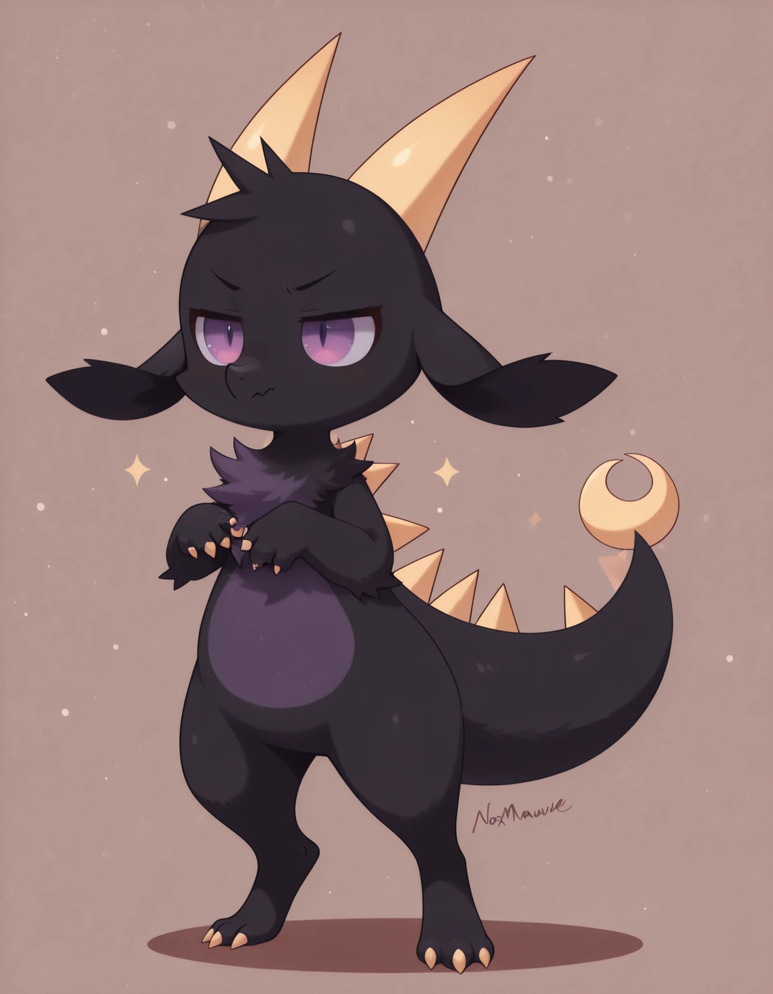 (Noxmauve:1.3),, fw3nchfwy,, furry, anthro, solo, dragon, two-tone fur, horns, short hair, purple eyes, slit pupils, floppy ears, claws, spikes on back, tail, purple fur, gradient fur, black fur,