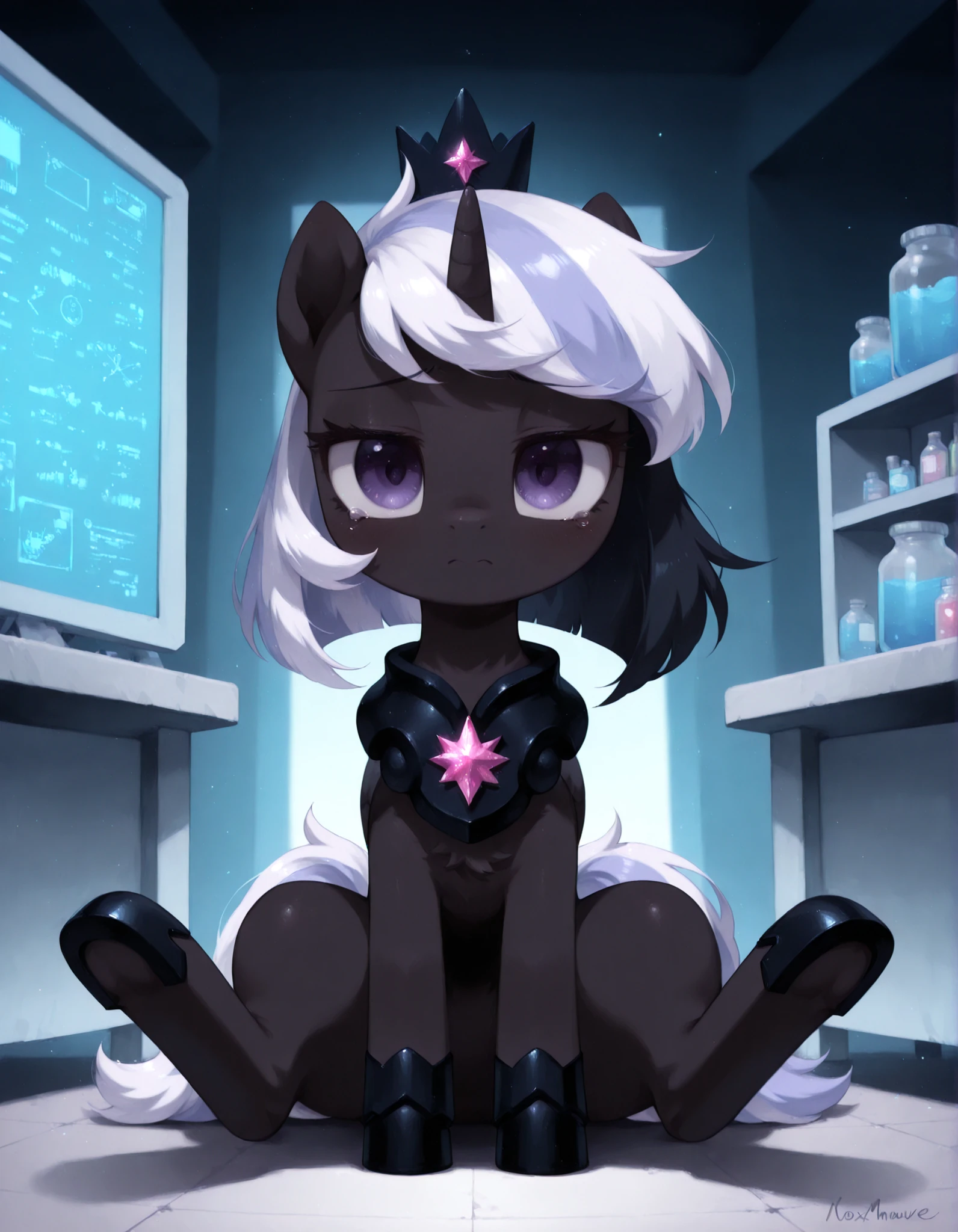 (Noxmauve:1.3),, masterpiece, best quality, very aesthetic, 1girl,, solo, amazing quality, absurdres, fx, newest, feral, feral pony, friendship is magic my little pony Character,
Black body, purple eyes, black hair, white hair, two tone hair, unicorn, horn,
Sad, equine, female, pony, pony ears, robot, (robot girl), robot joints, robotic, tail, (mlp), ((laboratory)), glowing eyes, robotic eyes, little pony, friendship is magic, quadruped, cute, looking at viewer, sitting, begging, asking for forgiveness, begging to be forgiven, crying, sitting in front of viewer