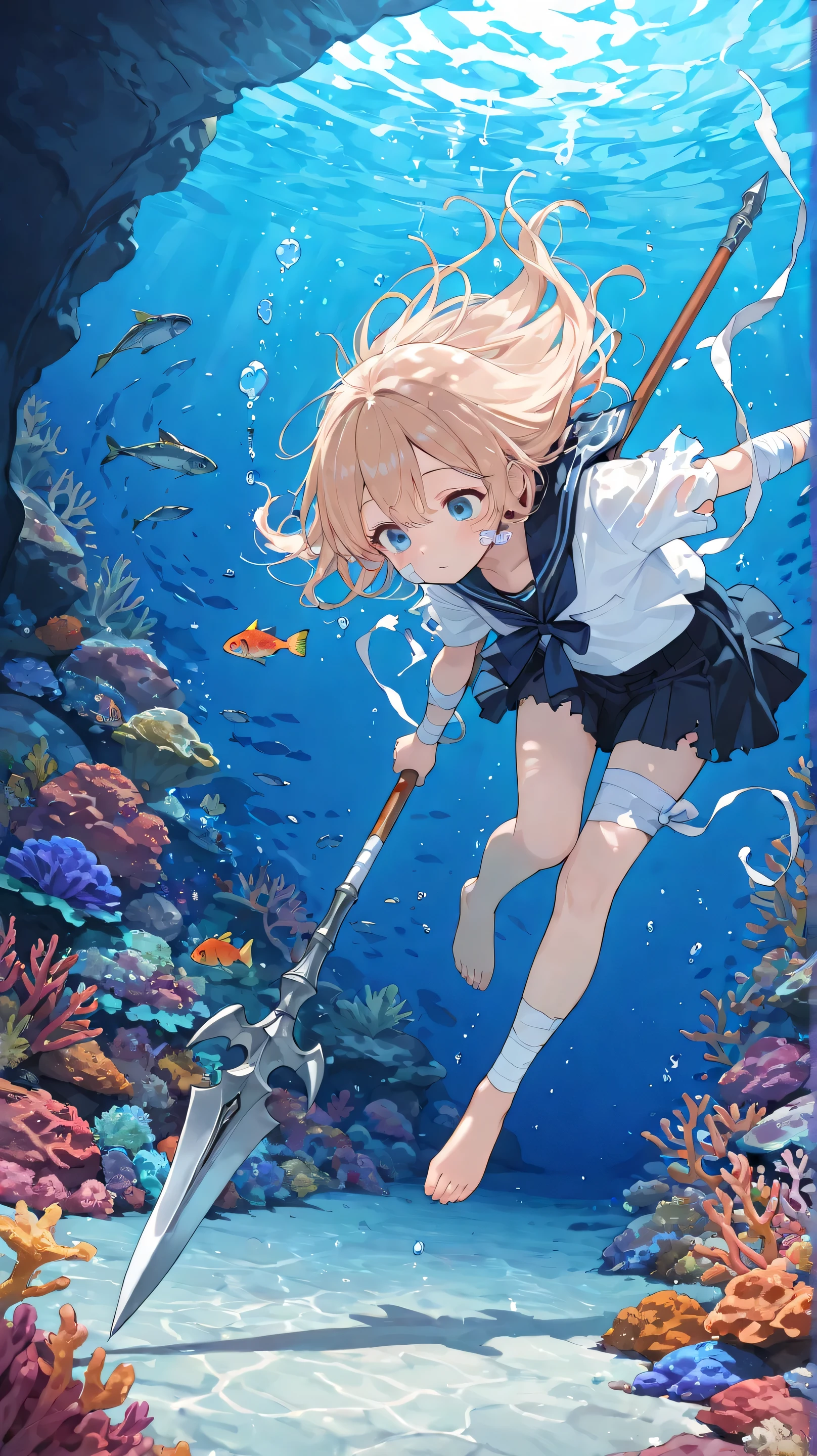 Cute,748cmstyle,underwater,grotto,underwater cave,sandy sea floor,sea floor,reef,(masterpiece:1.2, top quality), (beautiful detailed eyes: 1.2), ((1 Beautiful Girl)), (beautiful background:1.2), (Highly Detailed CG, Super Detailed),(very detailed and beautiful:1.1), (Perfect Details:1.1),A cute barefoot girl in a tattered sailor uniform with holes and torn sleeves, with tattered bandages wrapped around her arms and legs, and a bandage on her cheek, is underwater in the sea. She is holding a simple spear, aiming at swimming fish.