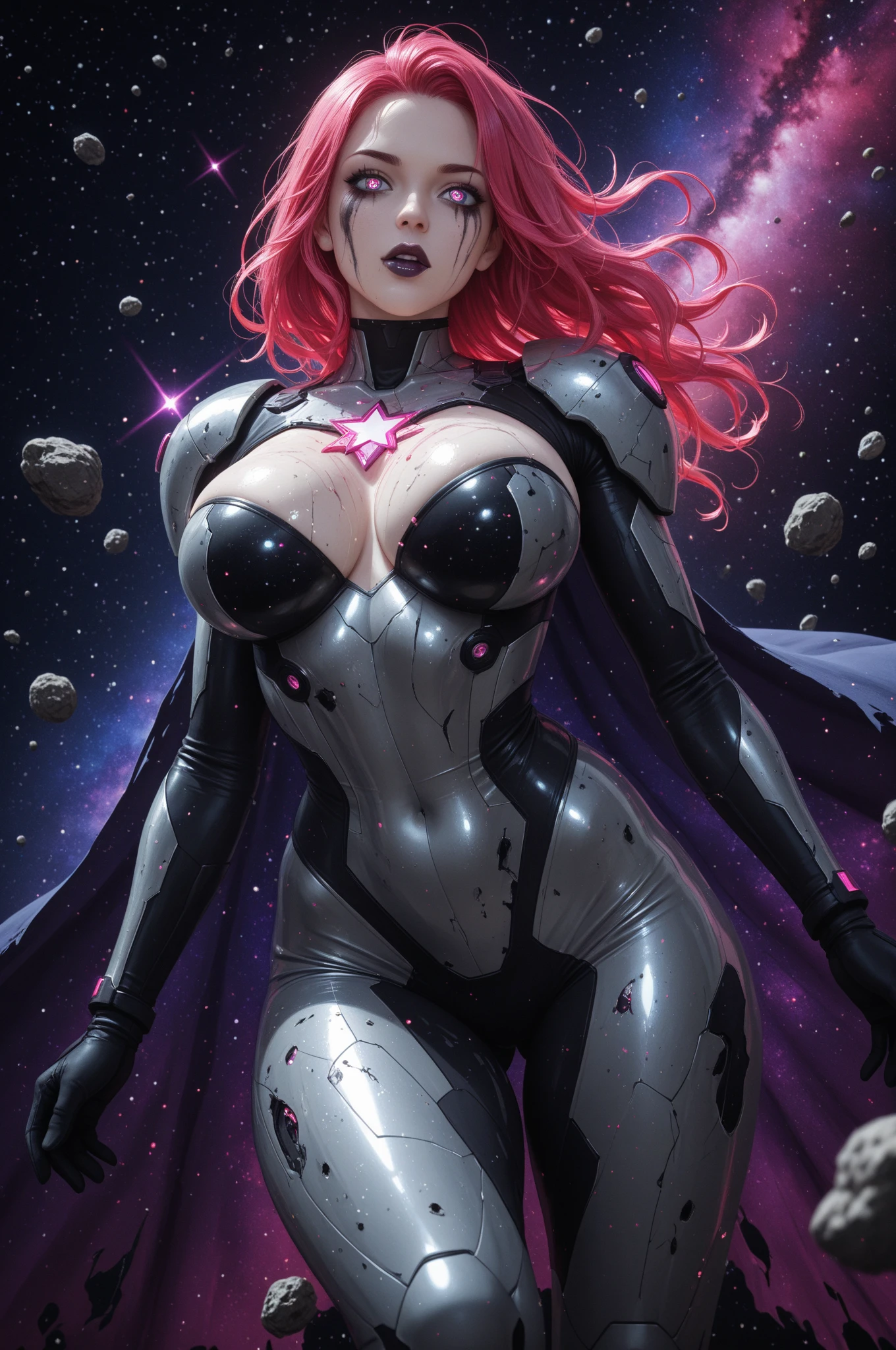 masterpiece, best quality, sinister smile,  1girl, solo, red hair, yellow eyes, high heels,  mole under eye,  (large breasts:2), puffy lips,  dark theme, night time,  lip gloss,  swept bangs, (long hair:1.6),  plunging neckline, exposed navel, gold trim, pointy ears, red lips, pale skin:0.7, hair over one eye, black bodysuit, [oda nobunaga (maou avenger):0.85], zero suit, high heel boots, collarbone, space station, standing,