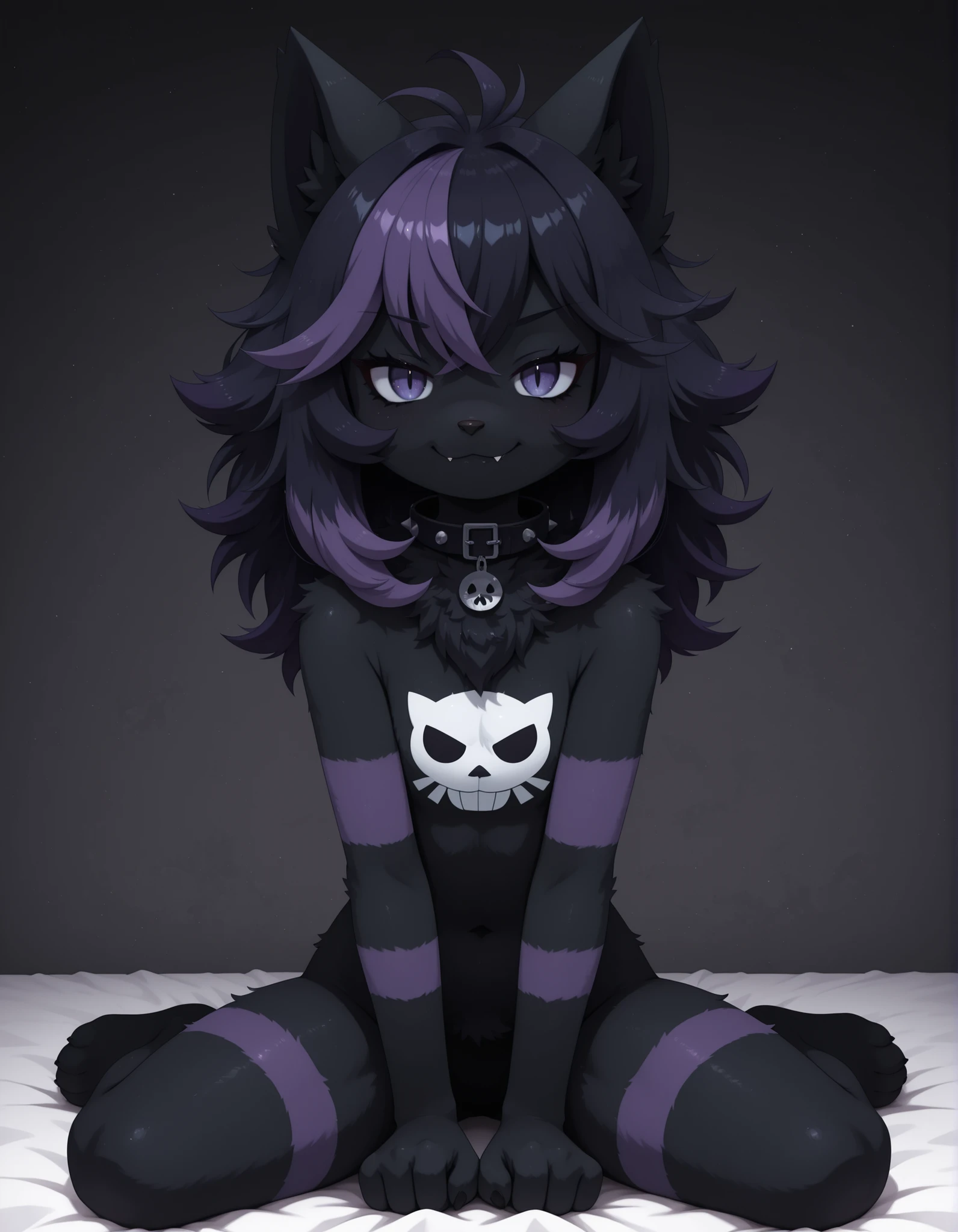 (Noxmauve:1.3),, jizoku, best quality, highest quality, (Anthro:1.5), Goth, furry, anthro, sitting, solo, (body fur), (black body, black skin, black fur), eyelashes, eyeliner, (black hair, purple hair, streaked hair), (messy hair, wild hair), animal ears, slit pupils, expressive eyes, beautiful eyes, smirk, fang, purple stripes, punk, collar,, child,