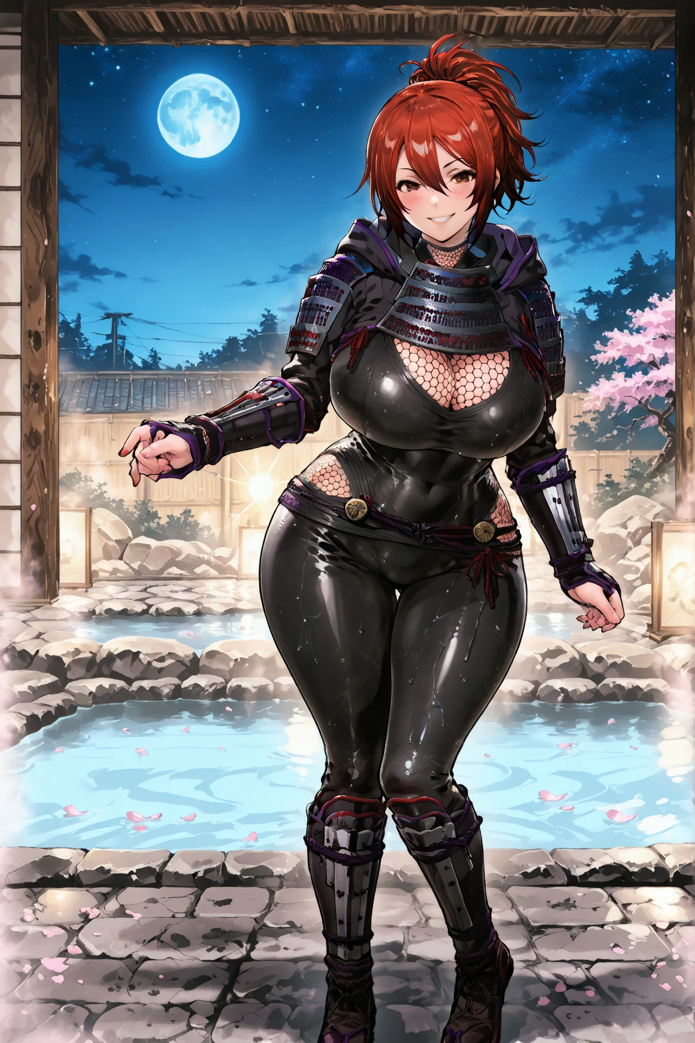 Score_9, score_8_up, score_7_up, score_6_up, score_5_up, score_4_up, BREAK, ((24k, insane details, insane resolution, insane detailed background, beautiful detailed eyes, beautiful detailed face, beautiful detailed hands, beautiful Detailed feet, Ultra Masterpiece, ultra quality, BREAK mitsuki, 1 girl, solo, red hair, ponytail, brown eyes, short hair, ,, fishnets, hood down, hood, armor, ninja, boots, ((, huge , huge , huge thighs, huge , voluptuous venus body, deep cleavage)), (( grin, in love, blush, looking at viewer, full body view, front view of body, standing up,)) BREAK ((at night, in Japanese Hot Springs, beautiful dark blue night sky, Large Purple Black Japanese Bed under sunroof, Blue Cherry Blossom Trees around hot spring, blue cherry blossoms falling down, blue cherry blossoms floating in water, standing in hot spring water, partially submerged in water. water up to knees, grey stone floor, grey stone fences around hot spring area, blue stars in night sky, Blue full moon in night sky,)),