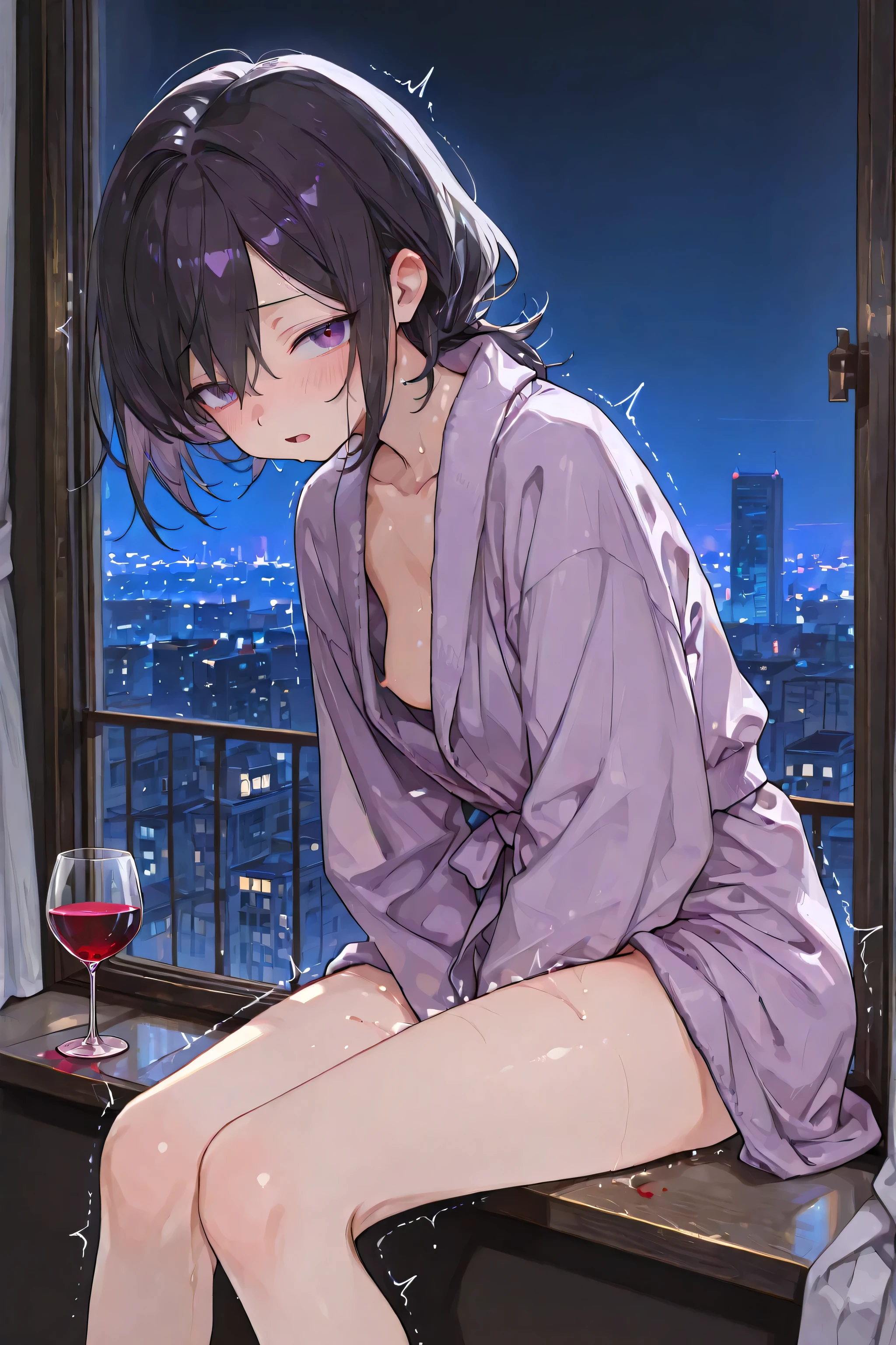 (masterpiece, detailed:1.2),a room with a night view、Full Glass Wall、night city background 、dark room、、、mature woman in thin bathrobe、small tits、sitting by the window、no panties、drinking wine、Lean forward、Rubbing the crotch、Trembling Orgasm、voice