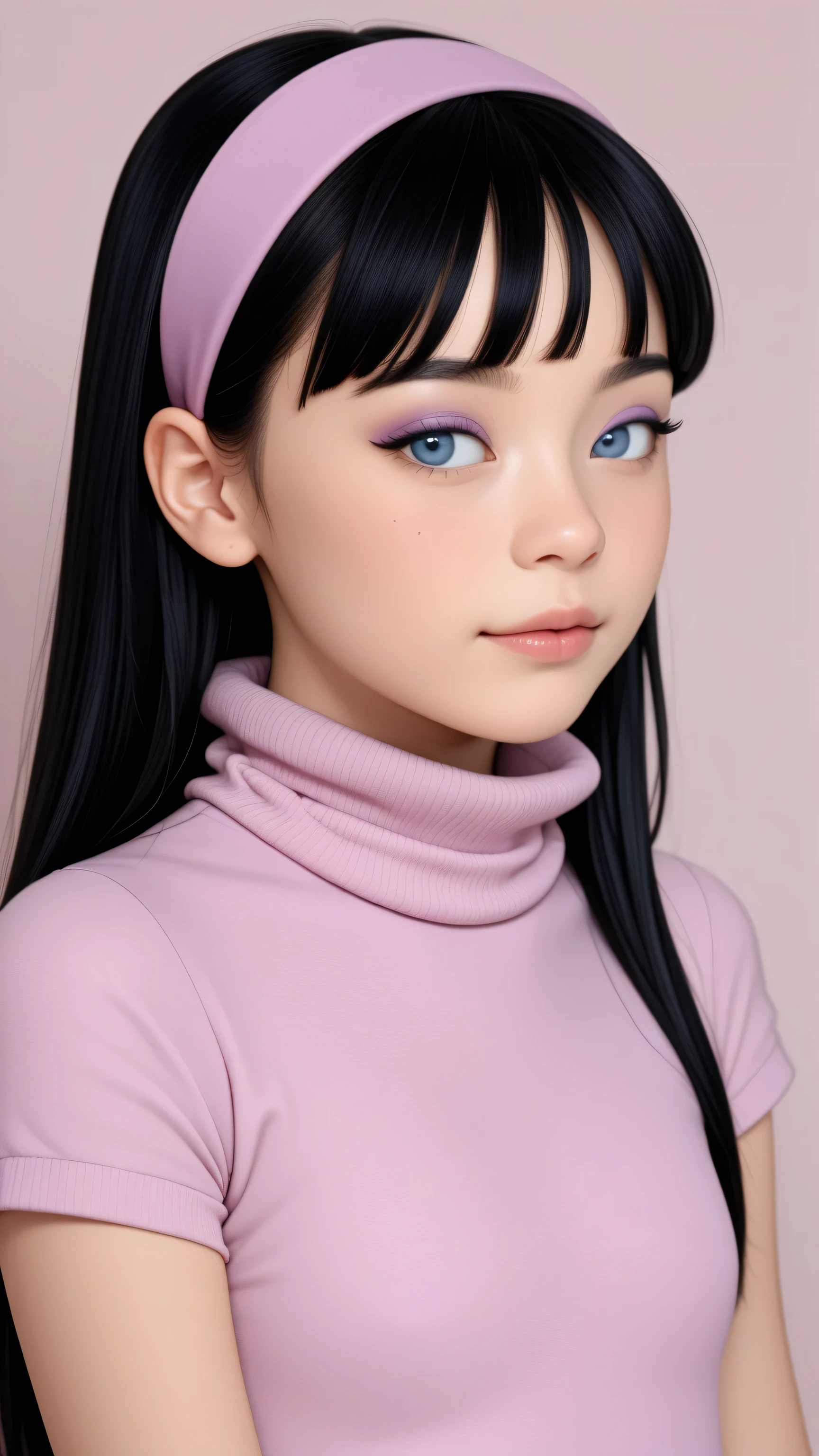 1girl, Solo, High Resolution, Accurate, Best Quality, High Details, High Quality, Black Hair, Bangs, Long Hair, pink headband, blue eyes, pink turtleneck sweater with short sleeves, eyeshadow, portrait, preteen