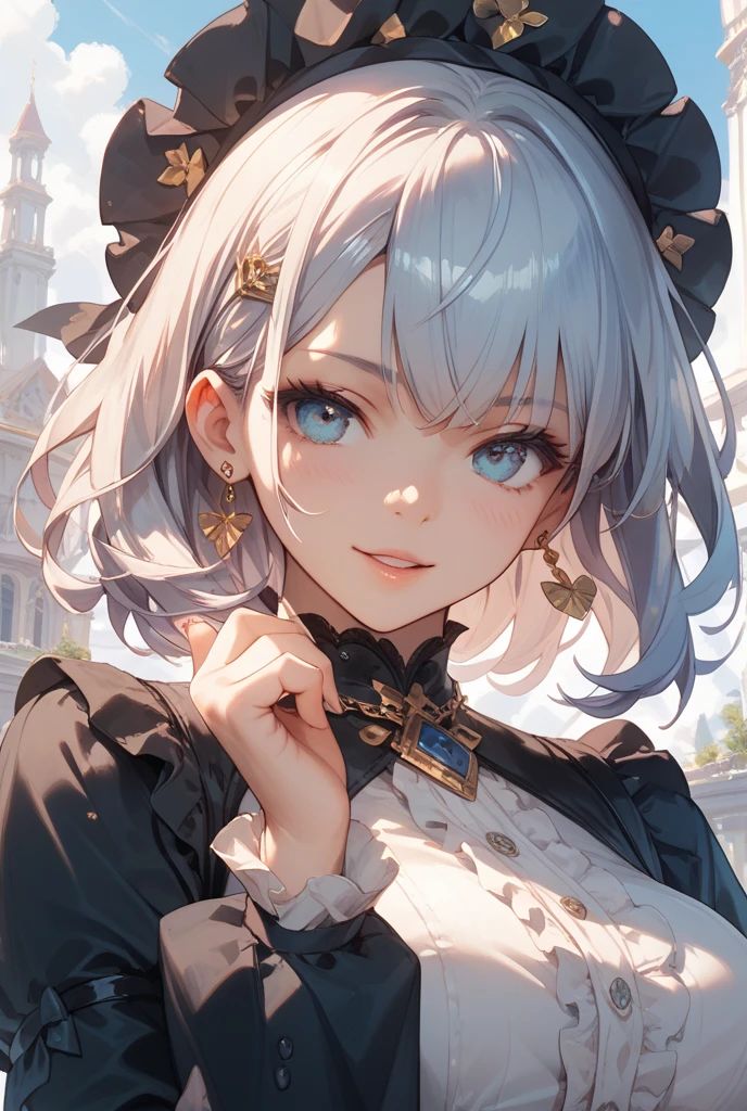 (masterpiece, Highest quality:1.2), One Girl, alone　(((White Hair　Short Hair　blue eyes)))　((Noble clothes　Drinking tea))　(smile)
