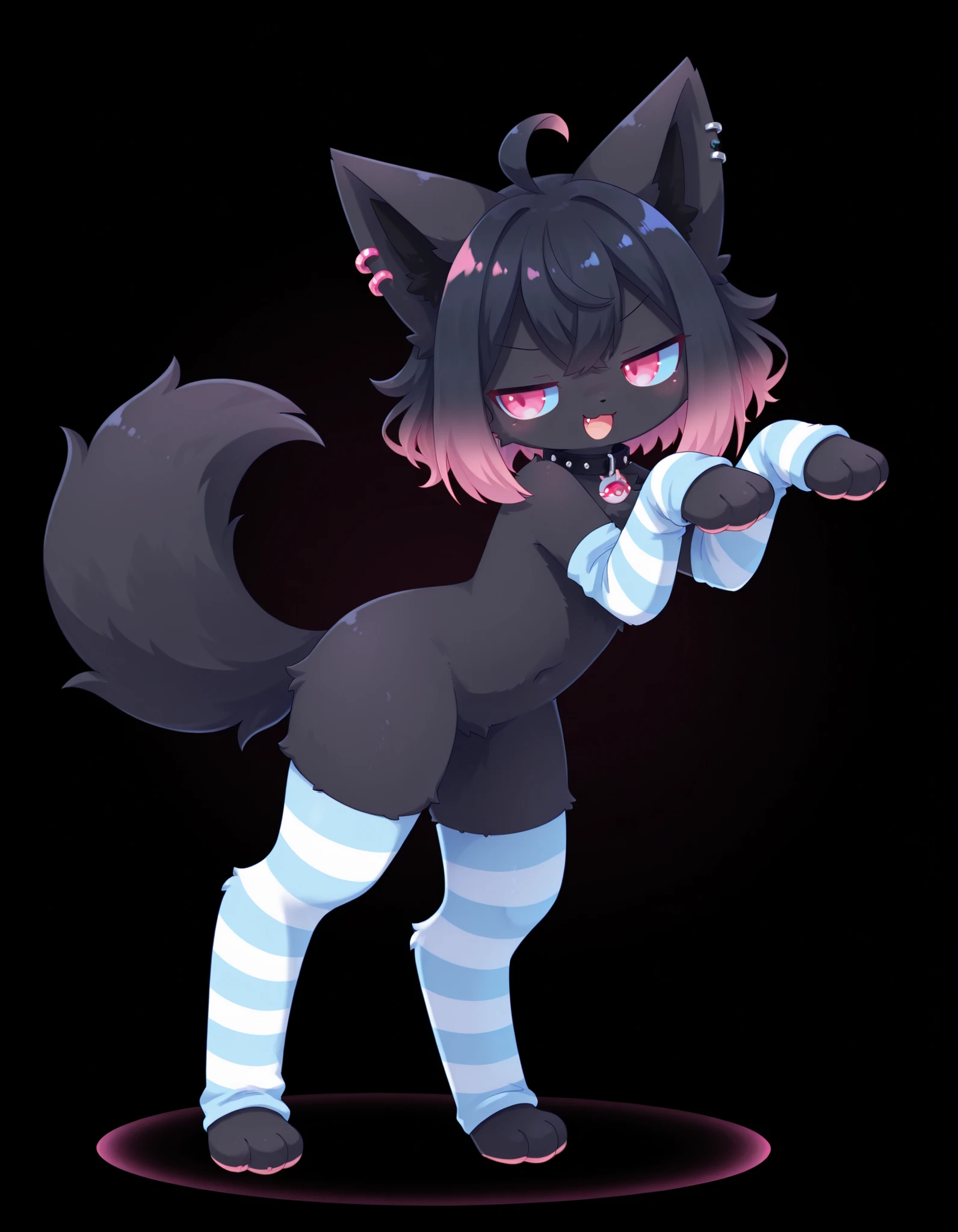 (Noxmauve:1.3),, solo, smile, open_mouth, pink_eyes, simple_background, black_hair, standing, full_body, pink_hair, multicolored_hair, fang, hands_up, pokemon_\(creature\), black_background, paw_pose, black_fur, blue_sclera, highlights_(coloring), gradient_hair,, pearlykf, furry, fluff, wardyspirit, (blue stripped arm warmers, blue stripped stockings, collar, ear piercing BREAK smug standing pose, full body,