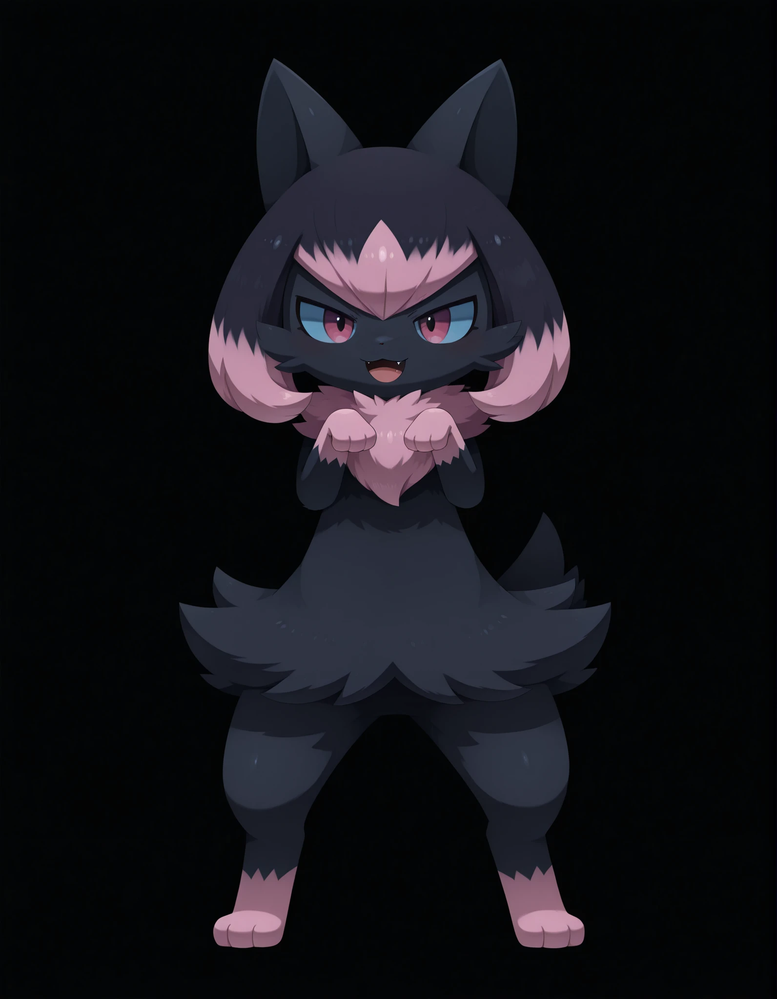 (Noxmauve:1.3),, solo, smile, open_mouth, pink_eyes, simple_background, black_hair, standing, full_body, pink_hair, multicolored_hair, fang, hands_up, pokemon_\(creature\), black_background, paw_pose, black_fur, blue_sclera, highlights_(coloring),, Sum Style,