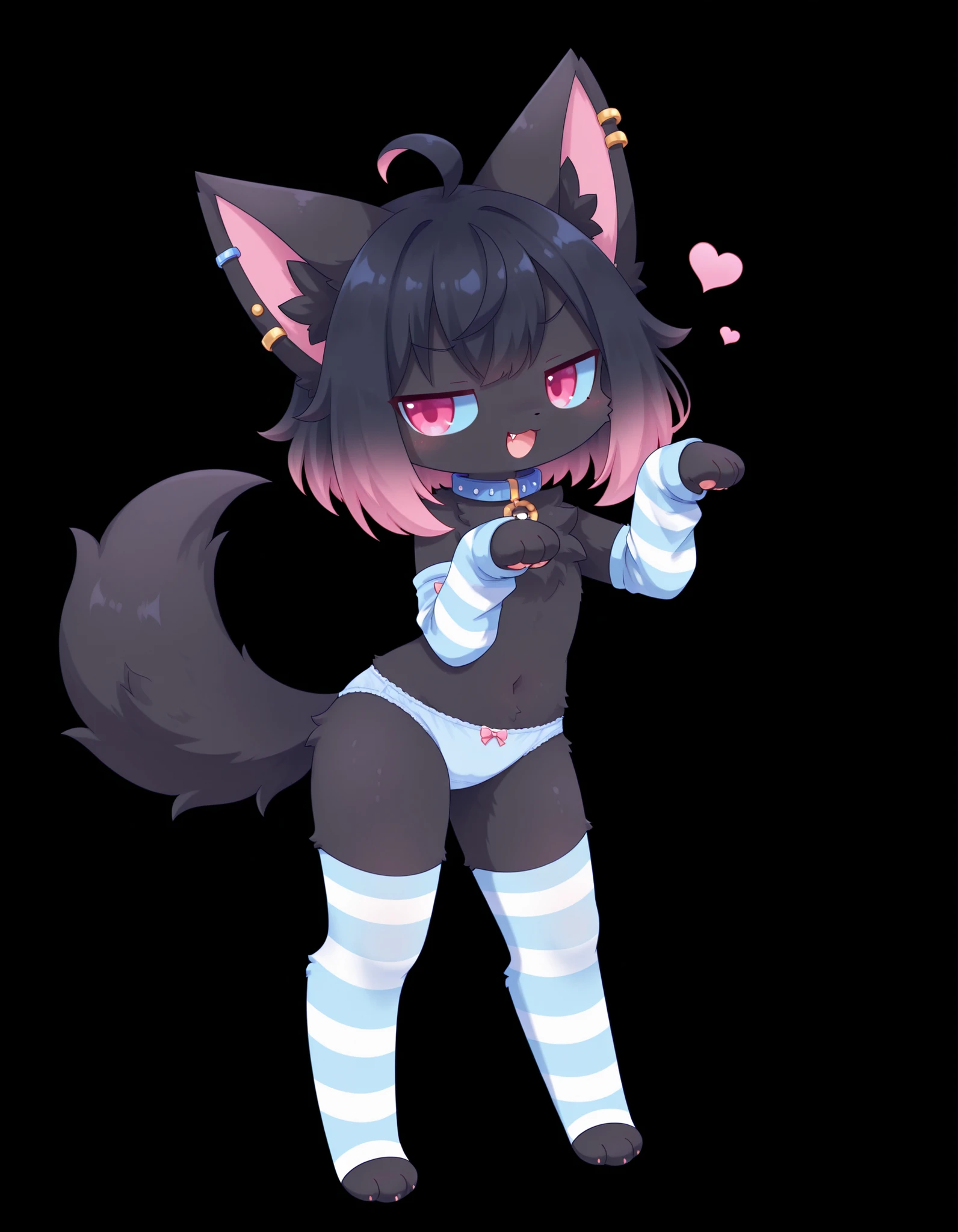 (Noxmauve:1.3),, solo, smile, open_mouth, pink_eyes, simple_background, black_hair, standing, full_body, pink_hair, multicolored_hair, fang, hands_up, pokemon_\(creature\), black_background, paw_pose, black_fur, blue_sclera, highlights_(coloring), gradient_hair,, pearlykf, furry, fluff, wardyspirit, (blue stripped arm warmers, blue stripped stockings, collar, ear piercing BREAK smug standing pose, full body, blue panties