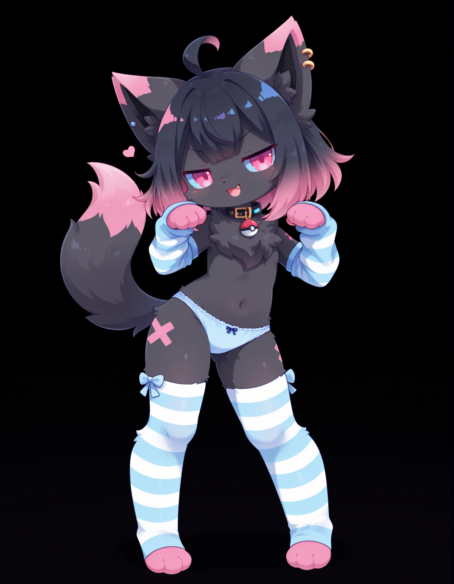 (Noxmauve:1.3),, solo, smile, open_mouth, pink_eyes, simple_background, black_hair, standing, full_body, pink_hair, multicolored_hair, fang, hands_up, pokemon_\(creature\), black_background, paw_pose, black_fur, blue_sclera, highlights_(coloring), gradient_hair,, pearlykf, furry, fluff, wardyspirit, (blue stripped arm warmers, blue stripped stockings, collar, ear piercing BREAK smug standing pose, full body, blue panties