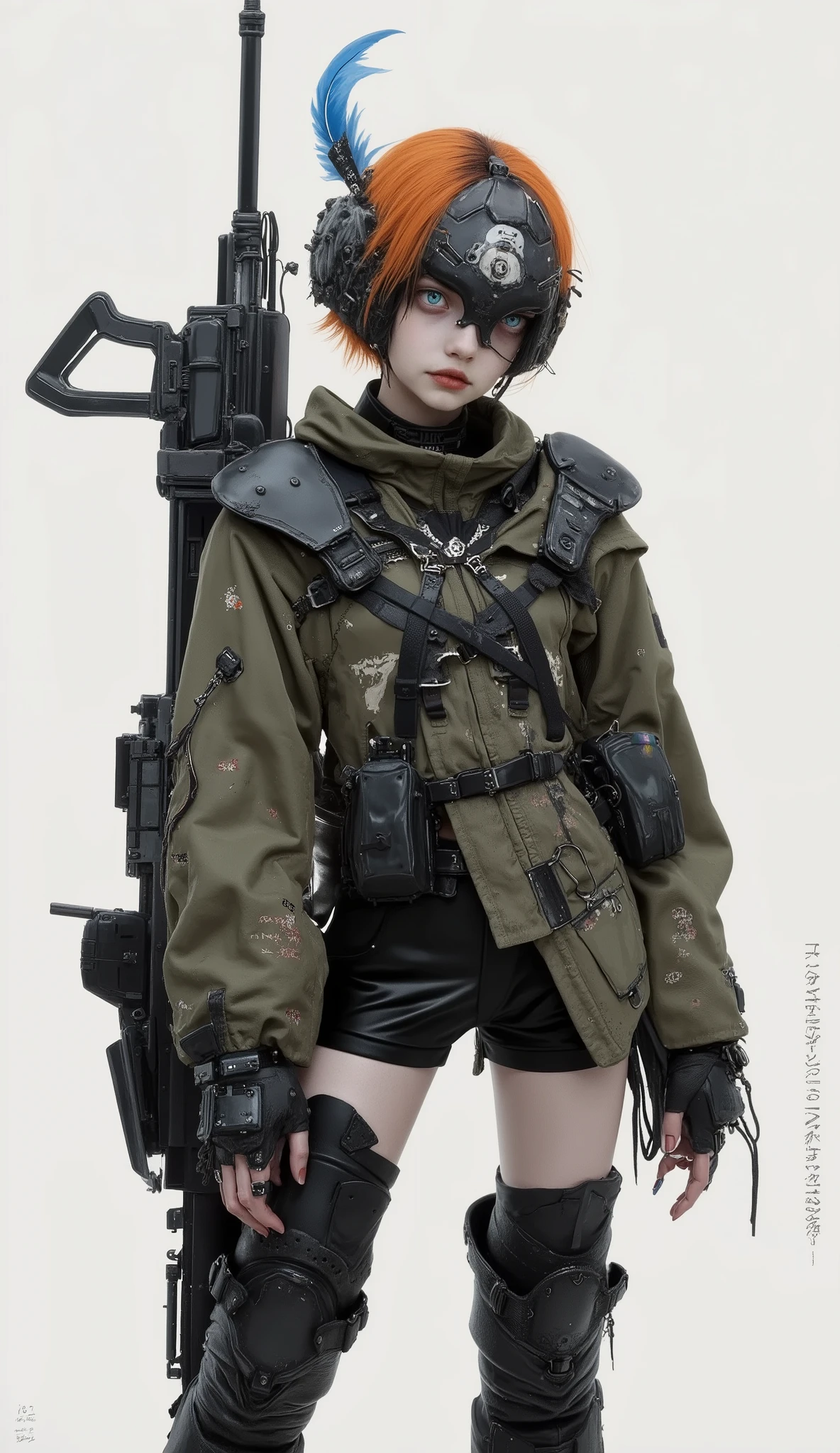 Young individual, They're probably teenagers, standing confidently. The clothing combines tactical elements with futuristic elements, Dark, Mr.々Oversized jacket with buckle accessories. ジャケットの色あせたオリーブと黒のトーンがMr.々creates a. has a huge rifle placed on the shoulder, 準備と自信を強調している. The person has short orange hair, Partially covered by a sturdy helmet adorned with a striking blue feather decoration. The face is partially hidden by the mouth, adds a mystical vibe to the expression, The bright blue eyes are determined Looking out with a full gaze. background, Oversized jacket with strappy straps and buckle accessories that suggest the focus is only on the characters. Relaxed boots complement the ensemble, texture that emphasizes preparation and confidence. digital painting, which emphasizes preparation and confidence, is drawn with soft brushstrokes in calm tones, Background evoking a sense of loneliness and determination in a futuristic atmosphere.
