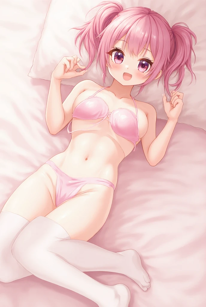 (Best Quality,High resolution,8K,finelity detailed background,Masterpiece:1.2),beautiful girl,Shiny pink hair,messy hair,Pink eyes,Gentle look,A refreshing look,Best quality,Best Quality,Aesthetic and aesthetic:1.2,Best details((Super detailed))(High-definition CG illustrations),cuteパジャマ,Slender body,night,Moonlight,Bedroom,On the bed,smile,blush,cute,Scrounge,Looking up,Being spoiled,super model,wariza,shoot from below