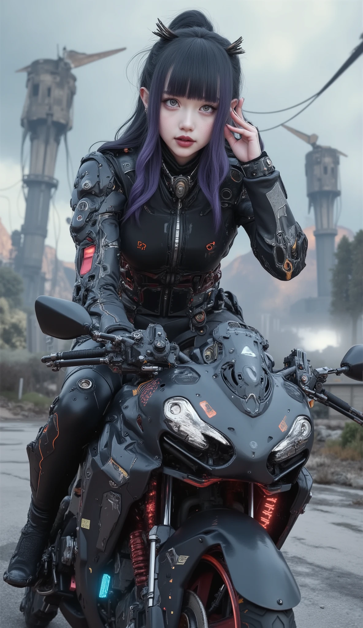 Anime girl riding a motorcycle with a backpack on her back, cool Mecha style, # Mecha, Mecha inspired, female Mecha, by Kamisaka Sekka, Mecha art, Mecha anime, animated robot mixed with organic matter, Zoids Art, :14 FLCL + Akira, seapunk Mecha, Mecha human, giant anime Mecha