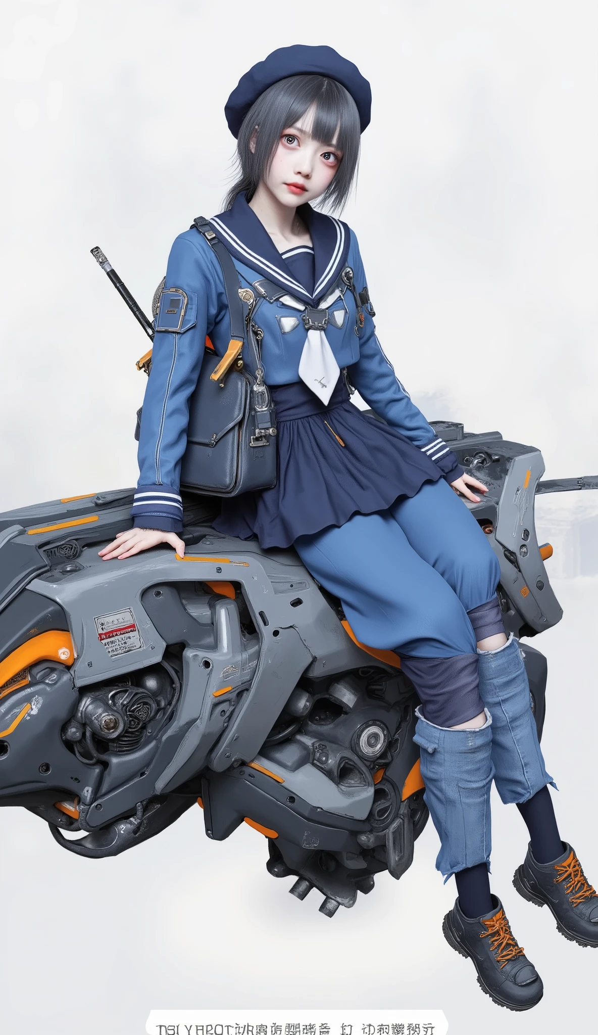若い女の子がロボット車両の上に腰掛けている、ダイナミックで未来的なイラストです. 彼女は10歳から12歳くらいに見えます, 青い学校の制服とそれに合うベレー帽を着用しています, 彼女の顔は少し横を向いています. 彼女のサッチェル, にまっすぐな, 主に青と灰色のカラーパレットに暖かいオレンジのスプラッシュが加えられています. 彼女の下にあるロボットは、角張った複雑なデザインです, 装甲板と微妙な金属の質感. メカの背面には、日本語の文字と思われる判読できない文字が書かれた小さなナンバープレートが. 少女の姿勢は、気楽さと制御を示しています, 機械に精通していることを暗示しています, 車輪がないため、スタイリッシュに浮いています. 背景は最小限, 少女と彼女の機械の仲間に焦点を当てています, 全体的な雰囲気は、気まぐれな冒険と技術的なファンタジーが融合しています.