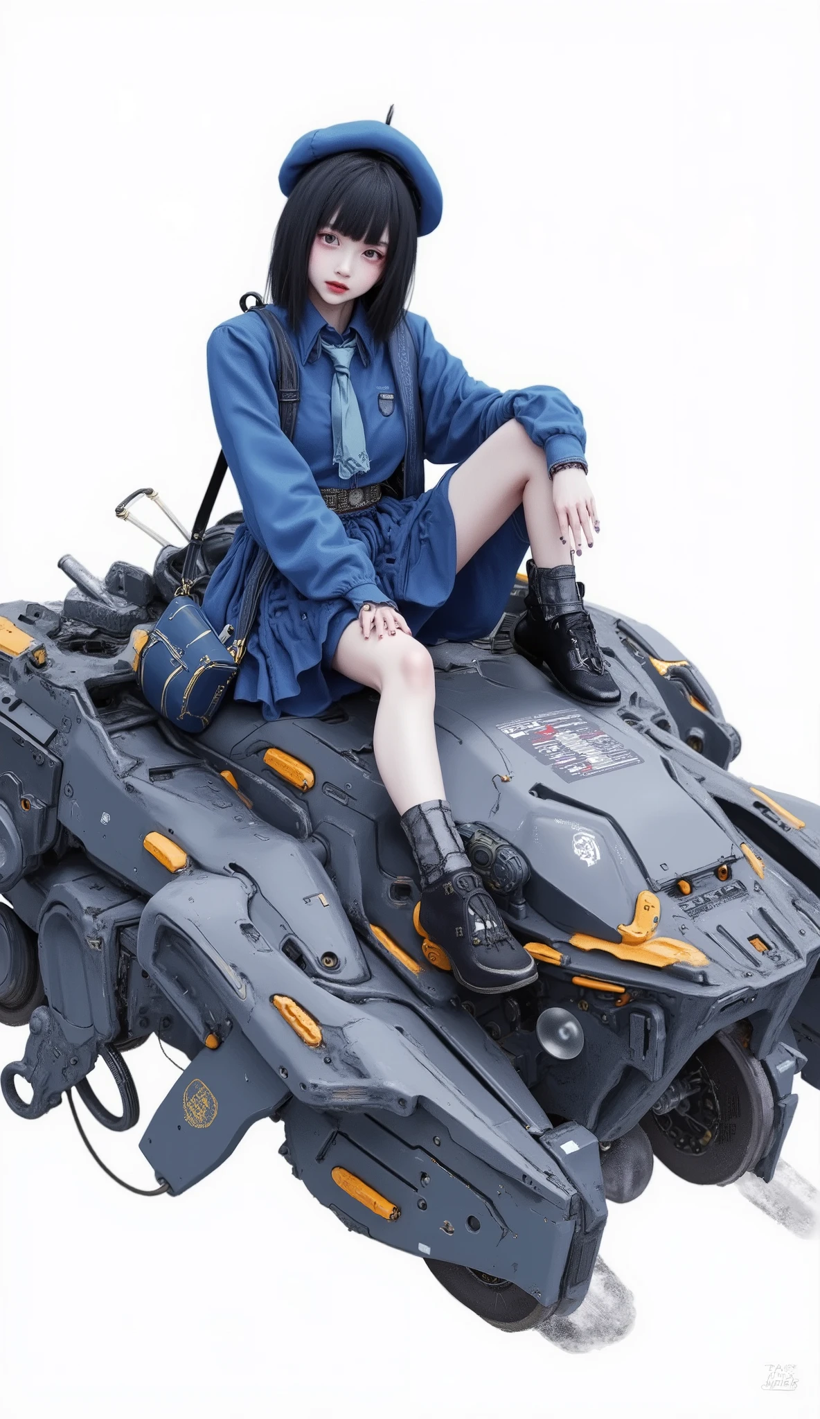 若い女の子がロボット車両の上に腰掛けている、ダイナミックで未来的なイラストです. 彼女は10歳から12歳くらいに見えます, 青い学校の制服とそれに合うベレー帽を着用しています, 彼女の顔は少し横を向いています. 彼女のサッチェル, にまっすぐな, 主に青と灰色のカラーパレットに暖かいオレンジのスプラッシュが加えられています. 彼女の下にあるロボットは、角張った複雑なデザインです, 装甲板と微妙な金属の質感. メカの背面には、日本語の文字と思われる判読できない文字が書かれた小さなナンバープレートが. 少女の姿勢は、気楽さと制御を示しています, 機械に精通していることを暗示しています, 車輪がないため、スタイリッシュに浮いています. 背景は最小限, 少女と彼女の機械の仲間に焦点を当てています, 全体的な雰囲気は、気まぐれな冒険と技術的なファンタジーが融合しています.
