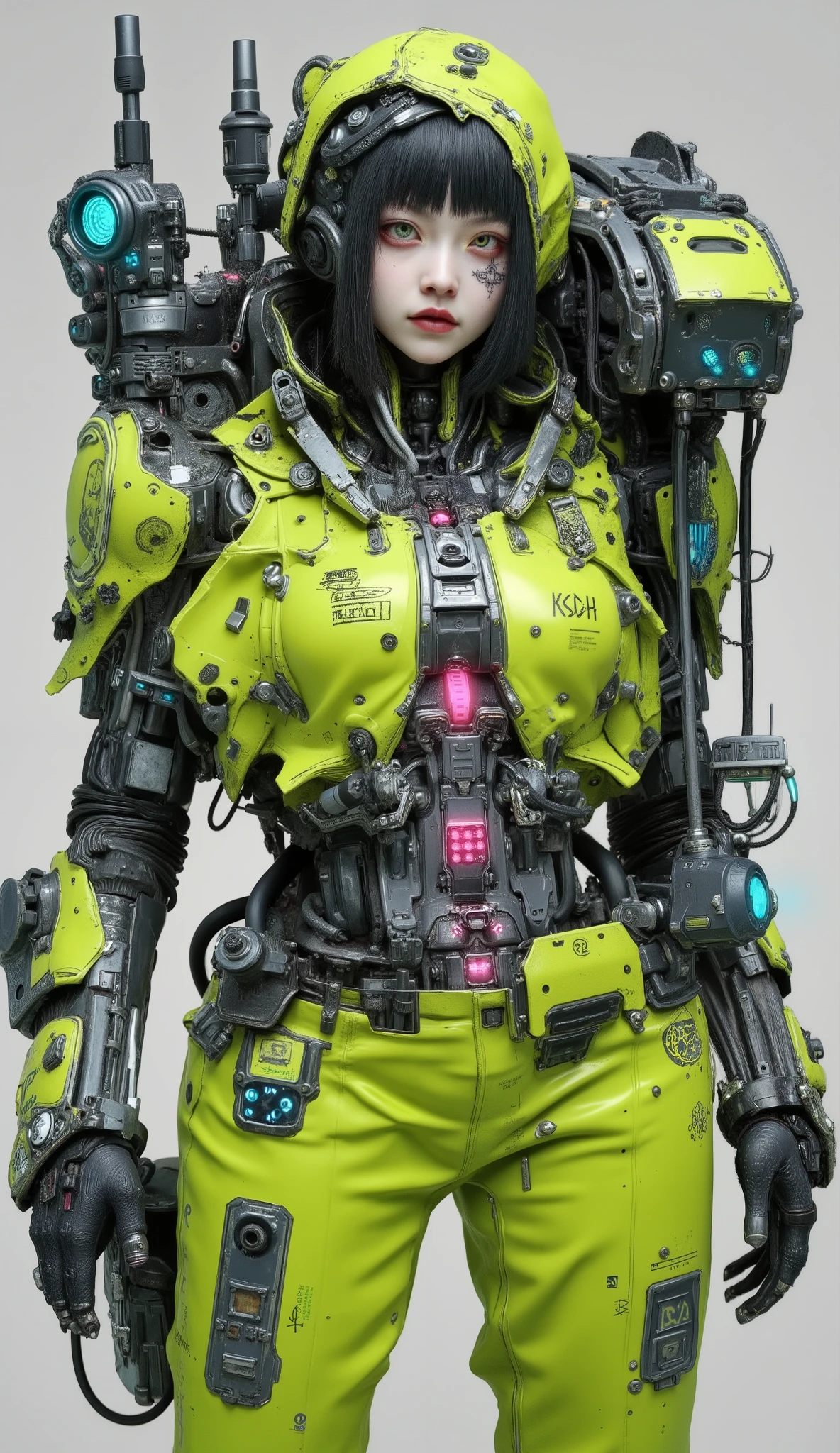 futuristic robot figures are drawn, including things like large plungers, equipped with multiple mechanical arms and dressed in a bright Yellow-green suit that resembles a hazmat or tactical environment gear. and々tools similar to the character's suit, (and blue are power or control interfaces)has gimmicks on one arm、drills with blue glowing elements on the other arm. The sturdy exosuit features a variety of metal components and connections, Along with pink highlights,, Yellow, industrial and sci-fi elements. The overall design、are attached, It's a blend of。The intricate machinery and bright colors create an impressive and unique look. configuration highlights the functional diversity of the characters, for various tasks and environments You can see that the.