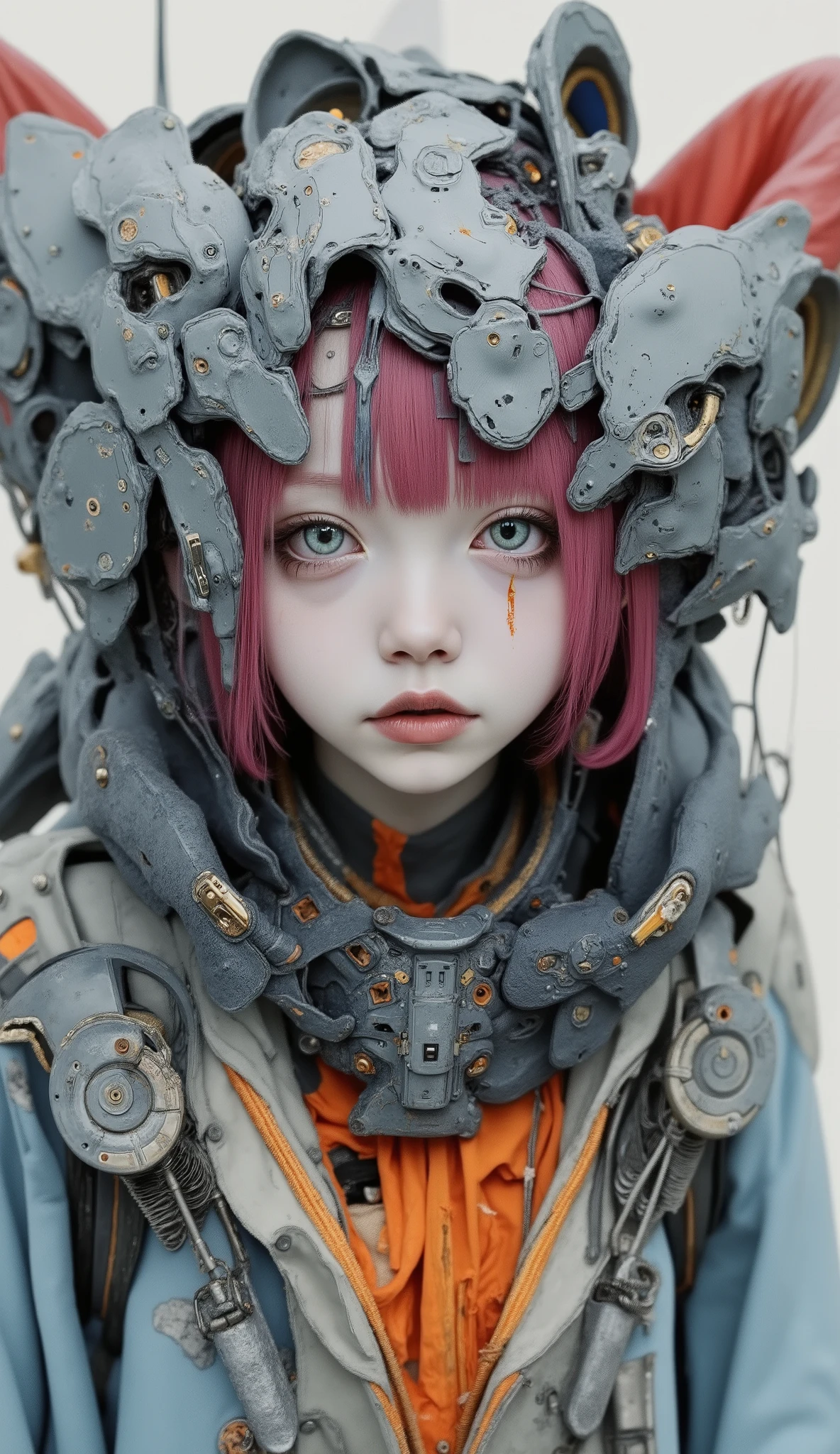 the young girl exudes a stylish and casual look, is wrapped in a surreal ensemble of mechanical armor、contrasts with her bright orange skin. her bright blue eyes and expressive face are short, pink hair, similar to her It gives an energetic attitude. She wears a colorful costume underneath an array of gray intricate metal strips, huge, overlapping parts showing a painterly texture, a fusion of modern technology and abstract art. The neutral grey tone of the armor is highlighted by、with hints of blue and red, creates depth and interest . The overall artistic style of the image is dynamic and stylized, features bold colors and soft brushstrokes, extends across、that makes you feel movement and vibrancy. This work exudes a futuristic vibe、, combines fantasy and sci-fi elements, is enhanced by the girl's calm attitude.