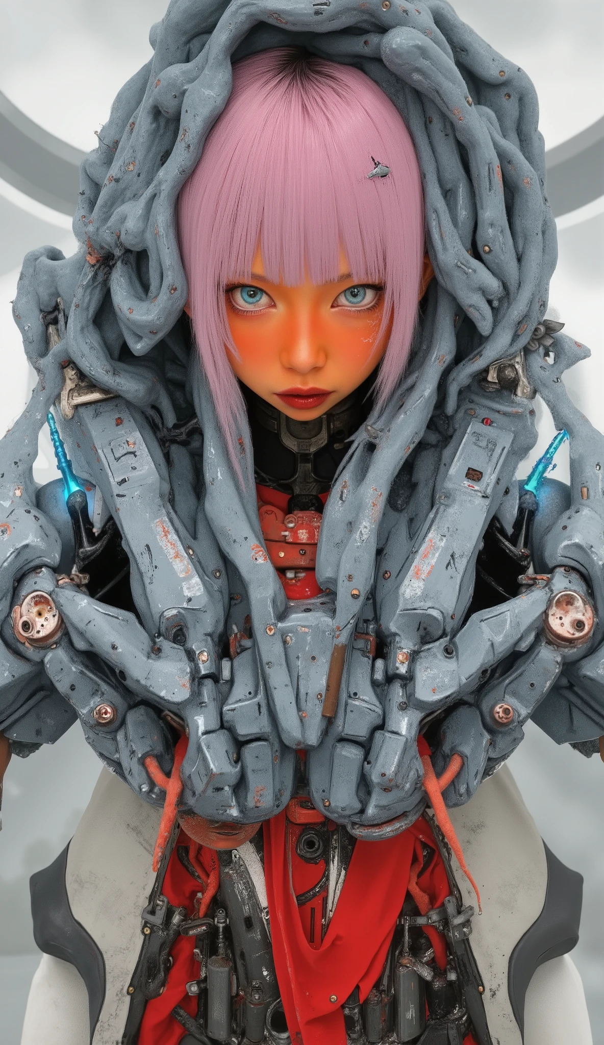 the young girl exudes a stylish and casual look, is wrapped in a surreal ensemble of mechanical armor、contrasts with her bright orange skin. her bright blue eyes and expressive face are short, pink hair, similar to her It gives an energetic attitude. She wears a colorful costume underneath an array of gray intricate metal strips, huge, overlapping parts showing a painterly texture, a fusion of modern technology and abstract art. The neutral grey tone of the armor is highlighted by、with hints of blue and red, creates depth and interest . The overall artistic style of the image is dynamic and stylized, features bold colors and soft brushstrokes, extends across、that makes you feel movement and vibrancy. This work exudes a futuristic vibe、, combines fantasy and sci-fi elements, is enhanced by the girl's calm attitude.
