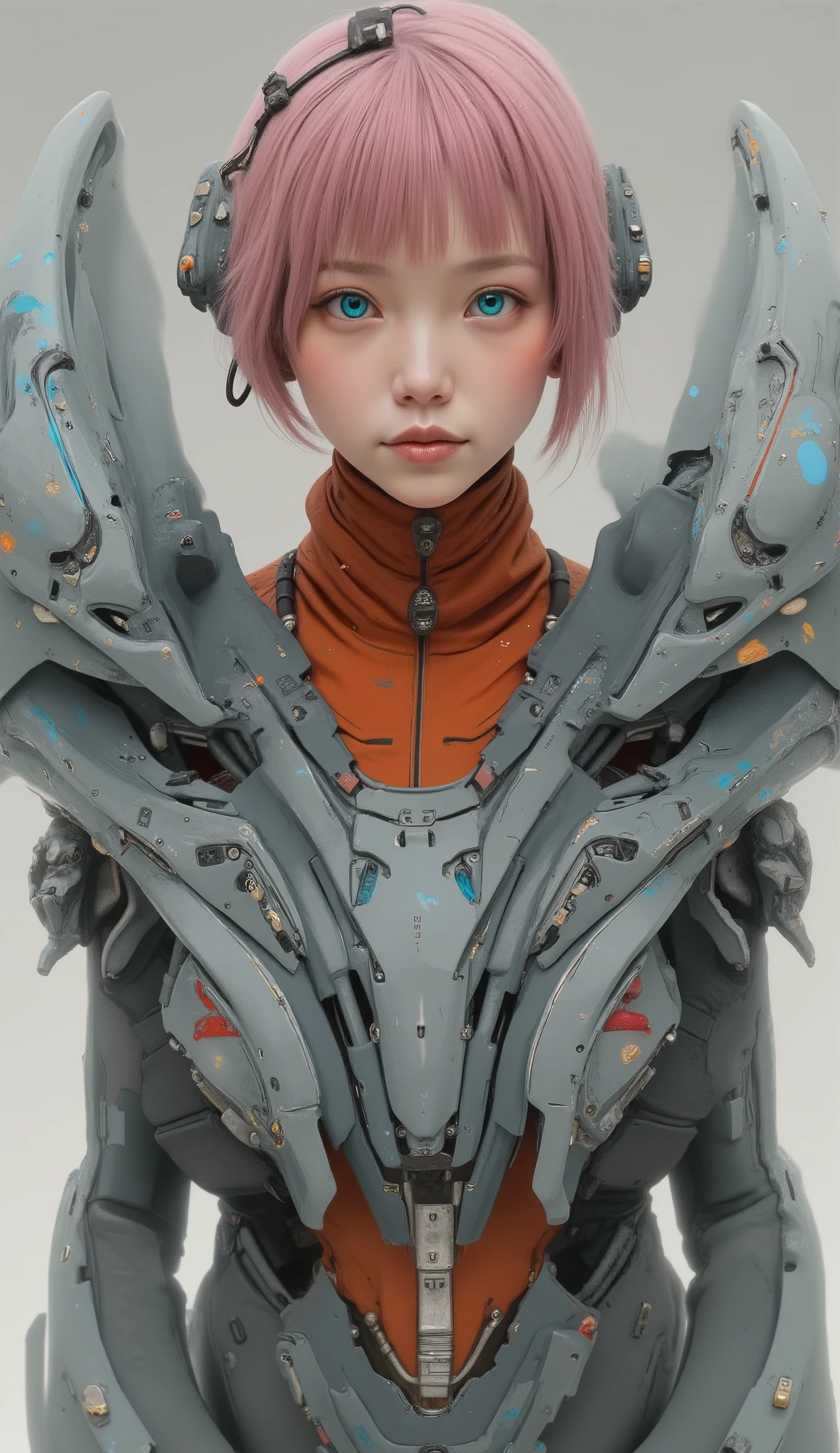 the young girl exudes a stylish and casual look, is wrapped in a surreal ensemble of mechanical armor、contrasts with her bright orange skin. her bright blue eyes and expressive face are short, pink hair, similar to her It gives an energetic attitude. She wears a colorful costume underneath an array of gray intricate metal strips, huge, overlapping parts showing a painterly texture, a fusion of modern technology and abstract art. The neutral grey tone of the armor is highlighted by、with hints of blue and red, creates depth and interest . The overall artistic style of the image is dynamic and stylized, features bold colors and soft brushstrokes, extends across、that makes you feel movement and vibrancy. This work exudes a futuristic vibe、, combines fantasy and sci-fi elements, is enhanced by the girl's calm attitude.