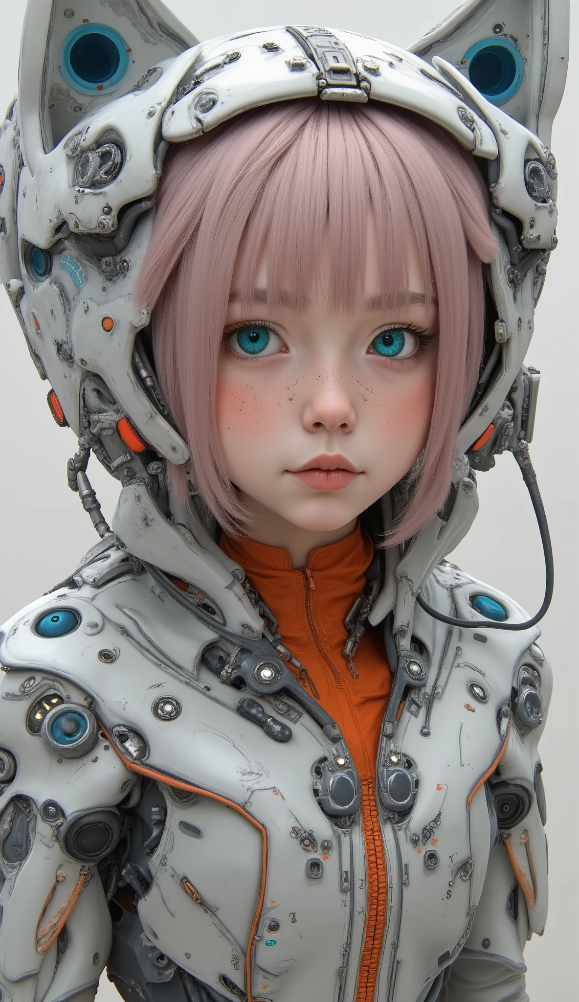the young girl exudes a stylish and casual look, is wrapped in a surreal ensemble of mechanical armor、contrasts with her bright orange skin. her bright blue eyes and expressive face are short, pink hair, similar to her It gives an energetic attitude. She wears a colorful costume underneath an array of gray intricate metal strips, huge, overlapping parts showing a painterly texture, a fusion of modern technology and abstract art. The neutral grey tone of the armor is highlighted by、with hints of blue and red, creates depth and interest . The overall artistic style of the image is dynamic and stylized, features bold colors and soft brushstrokes, extends across、that makes you feel movement and vibrancy. This work exudes a futuristic vibe、, combines fantasy and sci-fi elements, is enhanced by the girl's calm attitude.