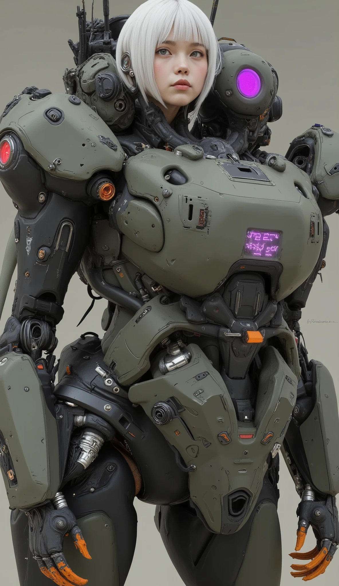 。Large, bulky robot suit. 彼女の肌teeth日焼けしている, in、彼女teethクロップド, ノースリーブの青いトップとダークショーツを囲んinいます, showing off her toned physique. The mecha exoskeleton is her, futuristic technology and、軍事用途や工業用途を示唆する落ち着いたオリーブとグレーの色調in描かれた鮮やかな芸術性. that shows small breasts。メカニカルアームteethオーバーサイズ, It's standing。一方teeth激しいオレンジ色の爪, It looks prominent in contrast to. 女性teeth落ち着いて集中した表情をしている, in、スタイリッシュな白い髪in縁取られています, provocatively slanted hips. 照明teeth柔らかく拡散しています, x} teeth、紫色のバイザーと電子部品in飾られたヘルメットの下から覗きます {x}。throughout the scene、and exudes a picturesque atmosphere that emphasizes both the strength of a woman and the sturdy machinery that surrounds her。. スーツのそれ以外teeth控えめなパレット, この画像teeth、conveys the synergy between humans and machines.