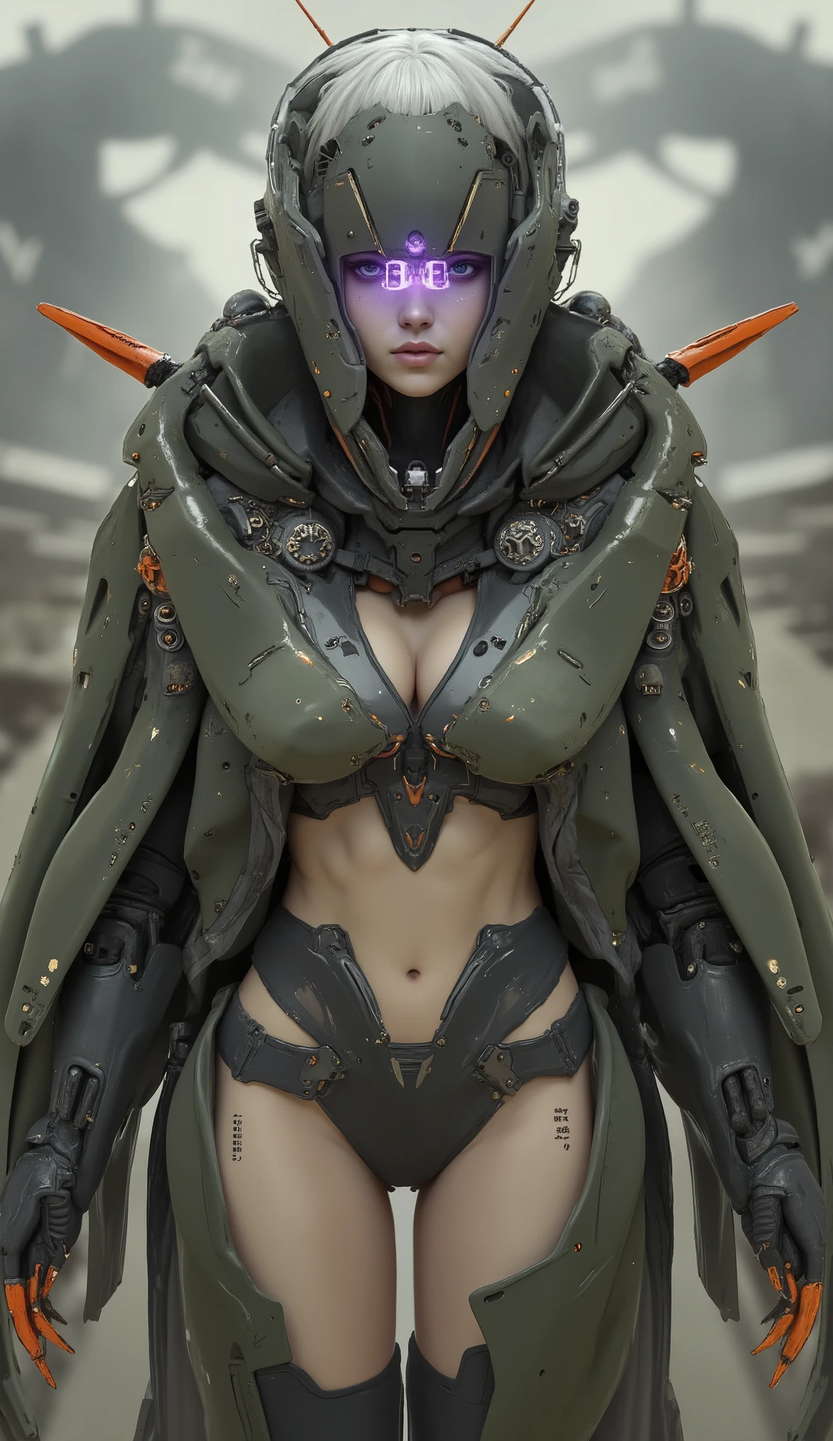 。Large, bulky robot suit. 彼女の肌teeth日焼けしている, in、彼女teethクロップド, ノースリーブの青いトップとダークショーツを囲んinいます, showing off her toned physique. The mecha exoskeleton is her, futuristic technology and、軍事用途や工業用途を示唆する落ち着いたオリーブとグレーの色調in描かれた鮮やかな芸術性. that shows small breasts。メカニカルアームteethオーバーサイズ, It's standing。一方teeth激しいオレンジ色の爪, It looks prominent in contrast to. 女性teeth落ち着いて集中した表情をしている, in、スタイリッシュな白い髪in縁取られています, provocatively slanted hips. 照明teeth柔らかく拡散しています, x} teeth、紫色のバイザーと電子部品in飾られたヘルメットの下から覗きます {x}。throughout the scene、It creates a picturesque atmosphere that emphasizes both the strength of a woman and the rugged machines that surround her。. スーツのそれ以外teeth控えめなパレット, この画像teeth、conveys the synergy between humans and machines.