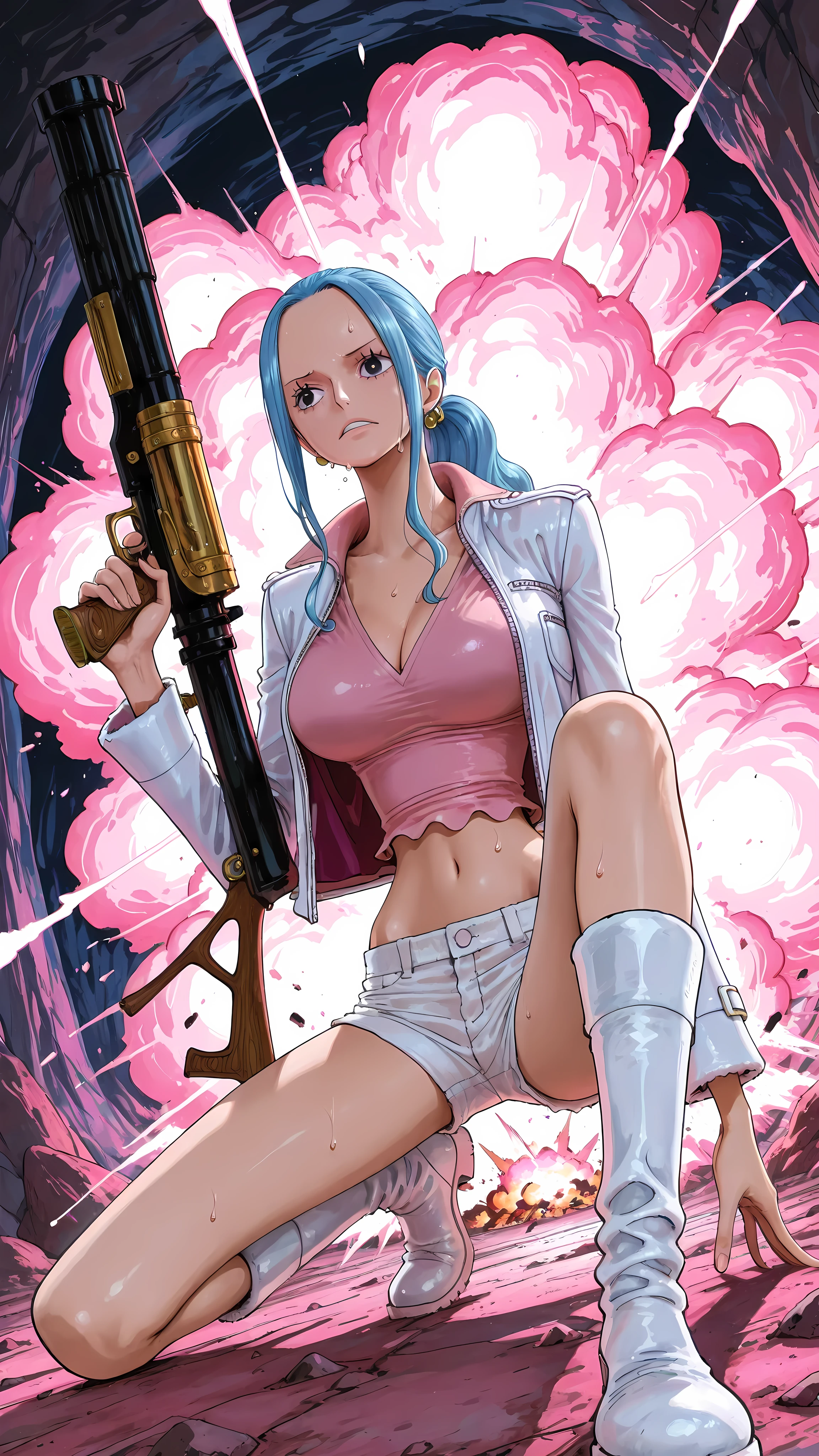 (masterpiece,best quality:1.2,amazing quality,very aesthetic, absurdres, newest), (full coloring), official style,(Nefertari Vivi ,one piece),1girl,solo,(skinny:1.2), medium breasts,ponytail,white jacket,collared jacket,pink shirt,V-neck,midriff,white shorts,sweat,holding a large gun,Shooting,Standing on one knee,white boots,in pink cave,Explosion,dynamic angle,