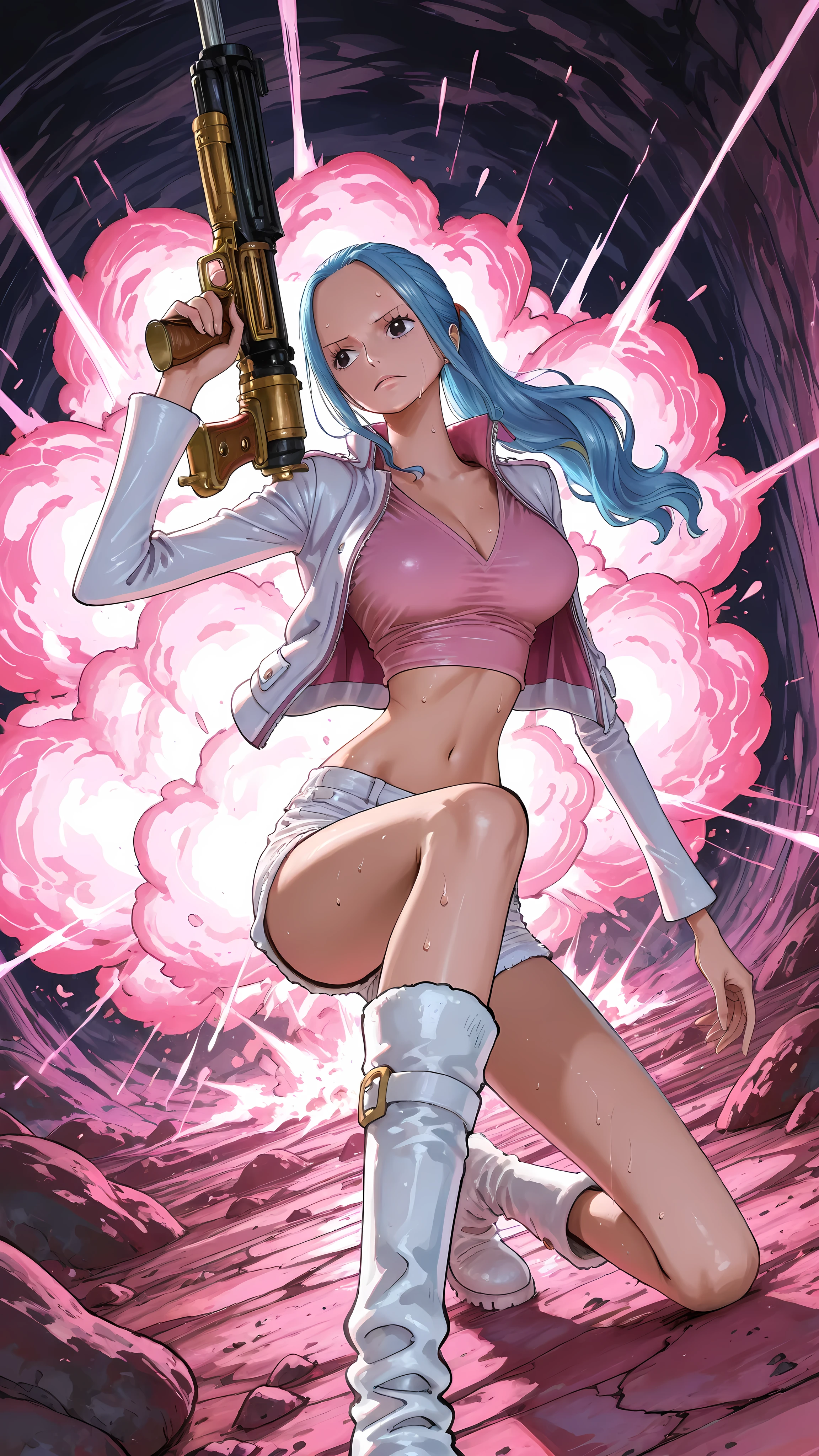 (masterpiece,best quality:1.2,amazing quality,very aesthetic, absurdres, newest), (full coloring), official style,(Nefertari Vivi ,one piece),1girl,solo,(skinny:1.2), medium breasts,ponytail,white jacket,collared jacket,pink shirt,V-neck,midriff,white shorts,sweat,holding a large gun,Shooting,Standing on one knee,white boots,in pink cave,Explosion,dynamic angle,