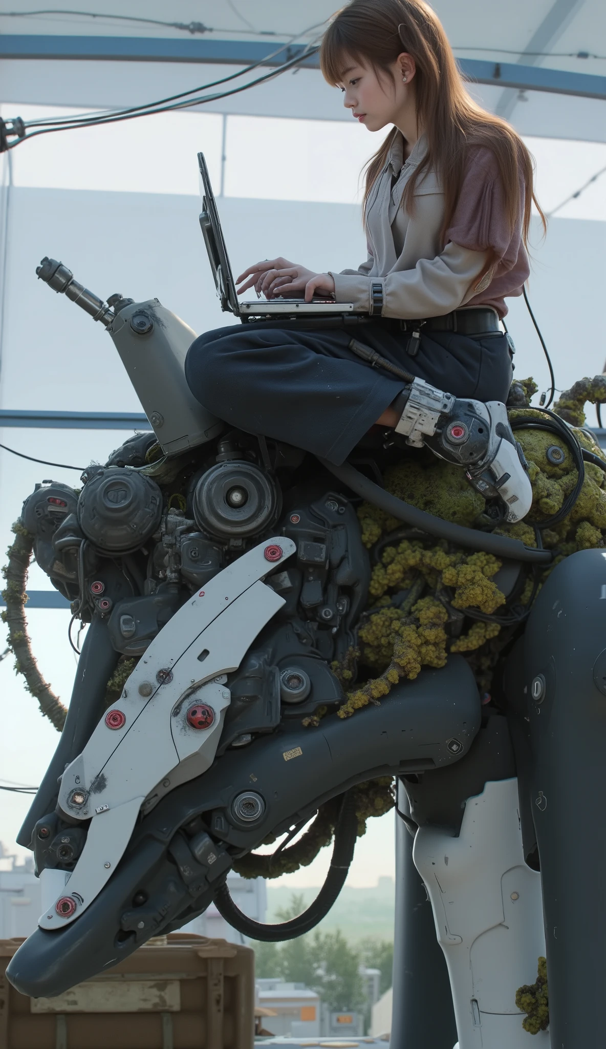 anime character sitting on a robot with a computer on her lap, fully automated!! girls, female Mechaa, anime manga robot!! anime girls, by Kamisaka Sekka, cool Mechaa style, animated robot mixed with organic matter, Mecha, japanese Mechaa, giant anime Mechaa, Mechaanized soldier girls, Mechaa, Mechaa art, portrait of a Mecha