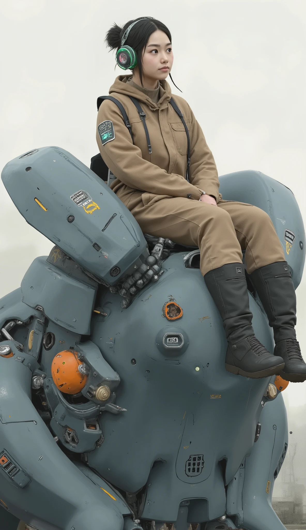 A young woman, possibly in her late teens or early twenties, is seated atop a large, futuristic robot or mech. The robot has a rounded, industrial design with a bulky frame and a somewhat anthropomorphic shape. It is primarily composed of muted blue and gray tones, giving it a metallic and armored appearance. The robot's head features a prominent orange visor-like section and a small green light, suggesting it might be functional or active. The woman wears a tan or light brown jumpsuit, which fits loosely and appears practical for operating machinery. Her hair is tied back, and she wears a headset with a green-tinted visor, possibly for communication or augmented reality visuals. Her expression is calm, focused forward as if she is piloting or observing something of interest. The image has a sketch-like quality, with visible brushstrokes, creating an impressionistic aesthetic that blends elements of illustration and digital art.
