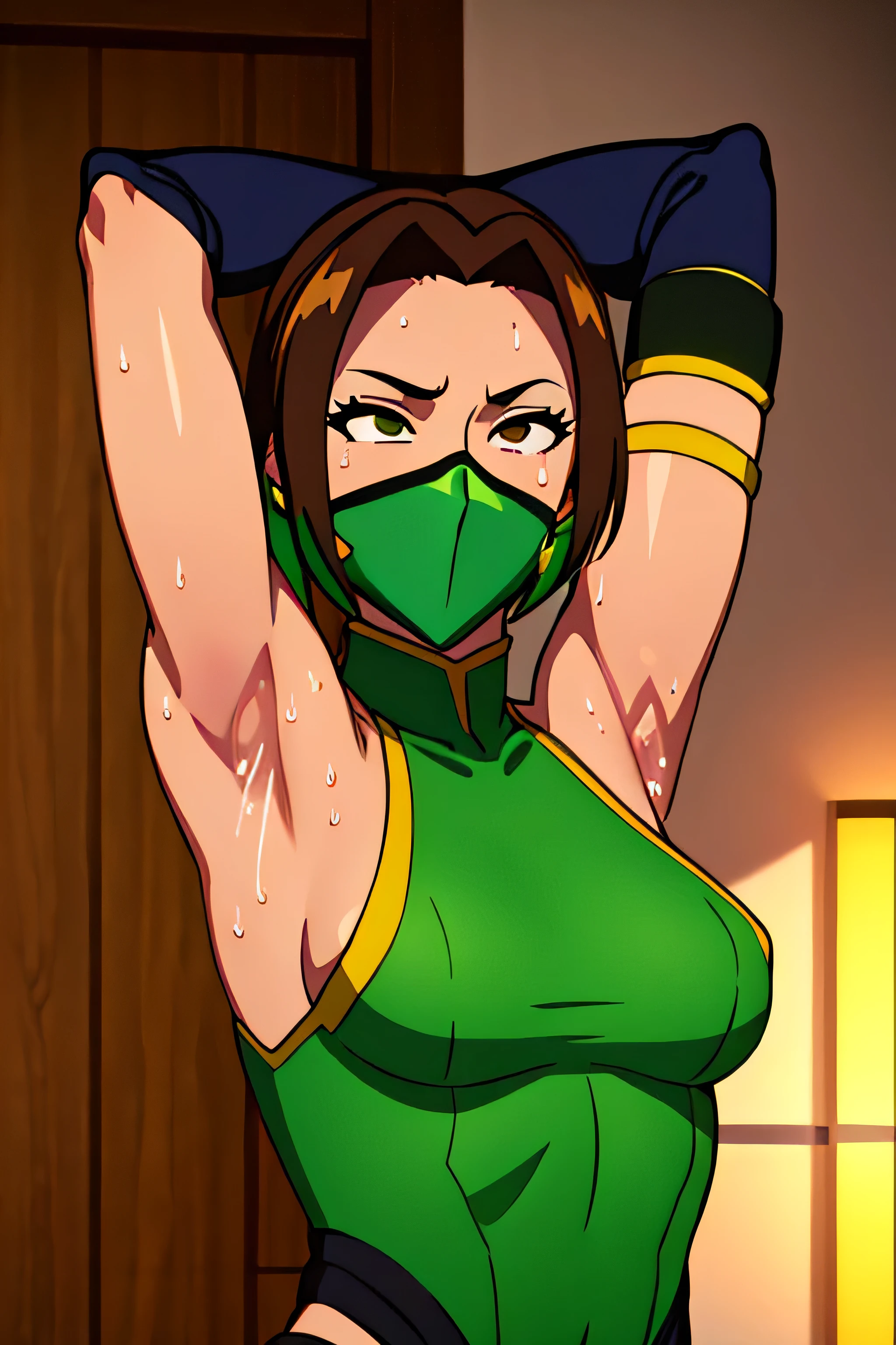 Jade, human woman with wheatish complexion,sleeveless.She has brown eyes and blackish blue clothing. Her hair is blackish brown in color; She is beautiful.Tsundere face.,mature appearance,armpits,sweat,sweaty,sweaty armpits,arms up,showing armpits,awesome armpits,outfit,blackish green arm warmers,blackish green arm bands,black arm warmers, wearing Konoha headband,wearing green face mask
