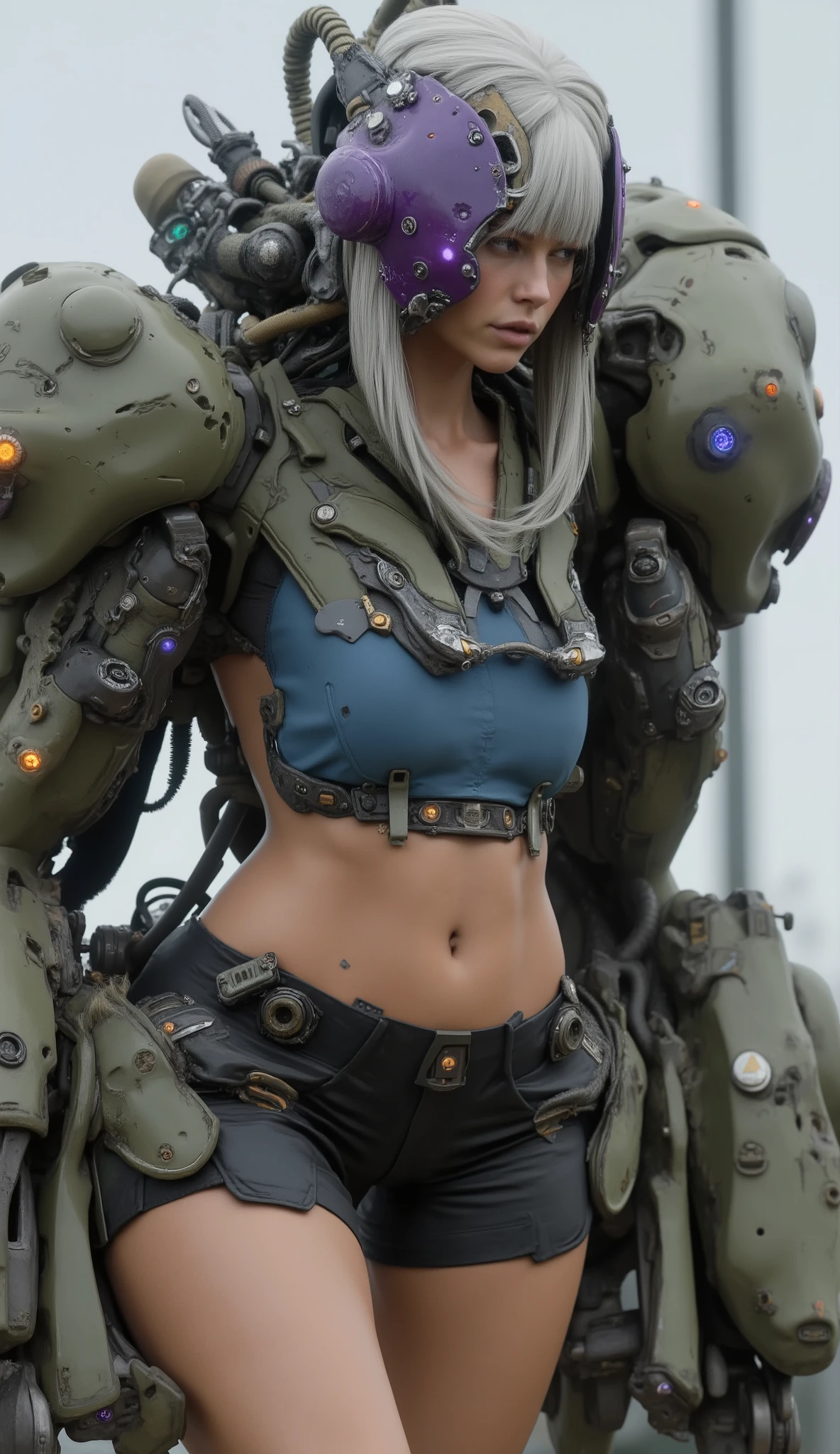 。Large, bulky robot suit. 彼女の肌teeth日焼けしている, in、彼女teethクロップド, ノースリーブの青いトップとダークショーツを囲んinいます, showing off her toned physique. The mecha exoskeleton is her, futuristic technology and、軍事用途や工業用途を示唆する落ち着いたオリーブとグレーの色調in描かれた鮮やかな芸術性. that shows small breasts。メカニカルアームteethオーバーサイズ, It's standing。一方teeth激しいオレンジ色の爪, It looks prominent in contrast to. 女性teeth落ち着いて集中した表情をしている, in、スタイリッシュな白い髪in縁取られています, provocatively slanted hips. 照明teeth柔らかく拡散しています, x} teeth、紫色のバイザーと電子部品in飾られたヘルメットの下から覗きます {x}。throughout the scene、and exudes a picturesque atmosphere that emphasizes both the strength of a woman and the sturdy machinery that surrounds her。. スーツのそれ以外teeth控えめなパレット, この画像teeth、conveys the synergy between humans and machines.