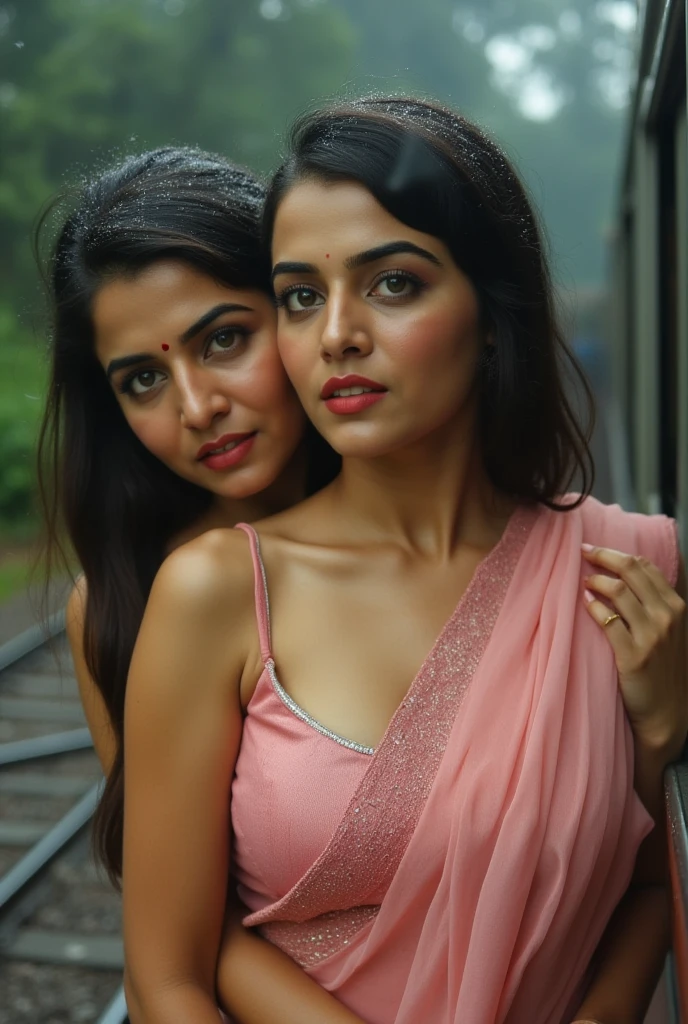 TWO INDIAN BOLLYWOOD LESBIAN BOTH RIVALS STARE EACH OTHER SO ANGRY IN RAIN BOTH WEARING SATIN BLACK SAARI BIG  BOTH EYES IN HATE FOR EACH OTHER FULL WET IN RAIN IN LATE NIGHT STREET