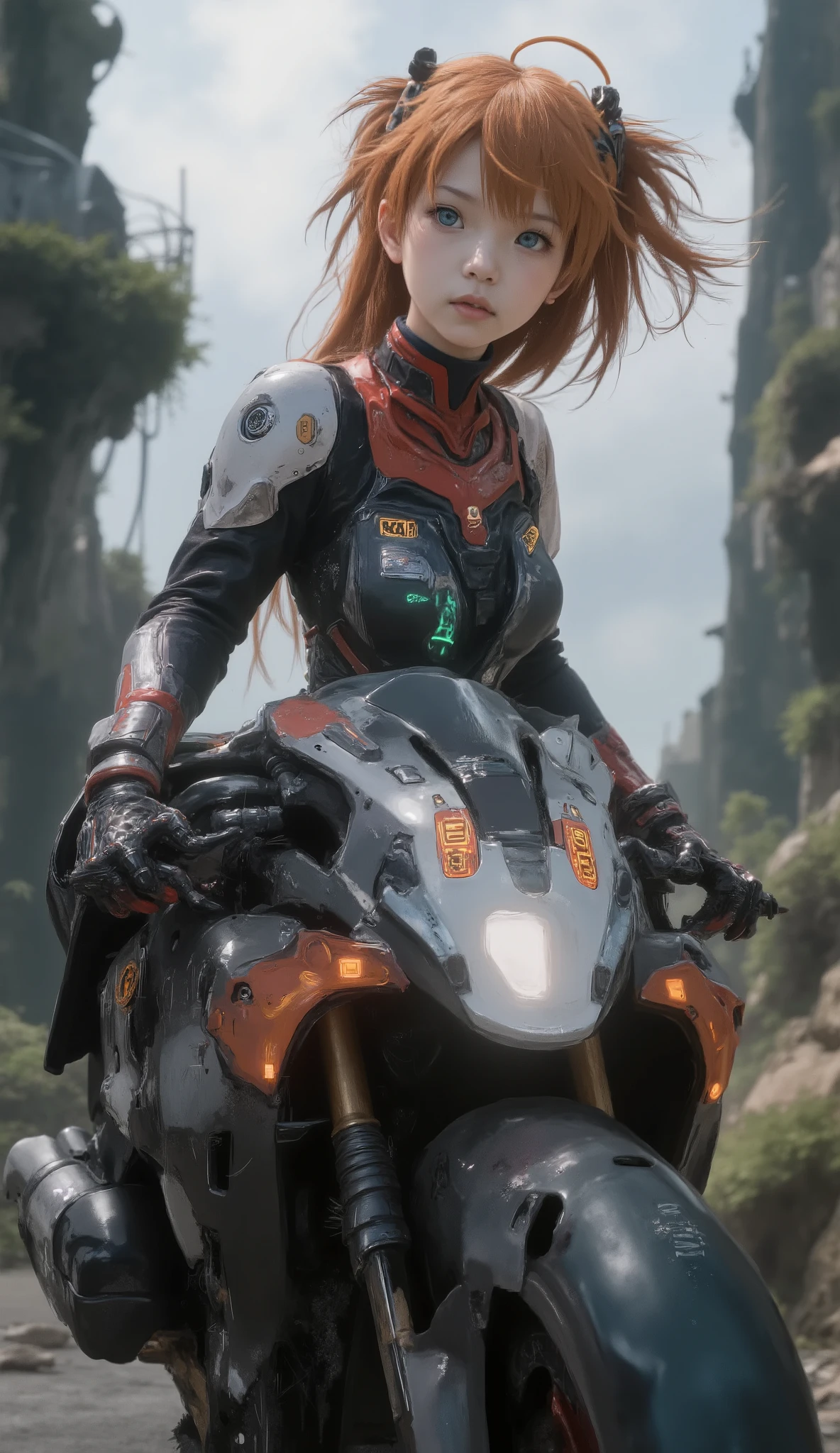 Anime girl riding a motorcycle with a backpack on her back, cool Mecha style, # Mecha, Mecha inspired, female Mecha, by Kamisaka Sekka, Mecha art, Mecha anime, animated robot mixed with organic matter, Zoids Art, :14 FLCL + Akira, seapunk Mecha, Mecha human, giant anime Mecha