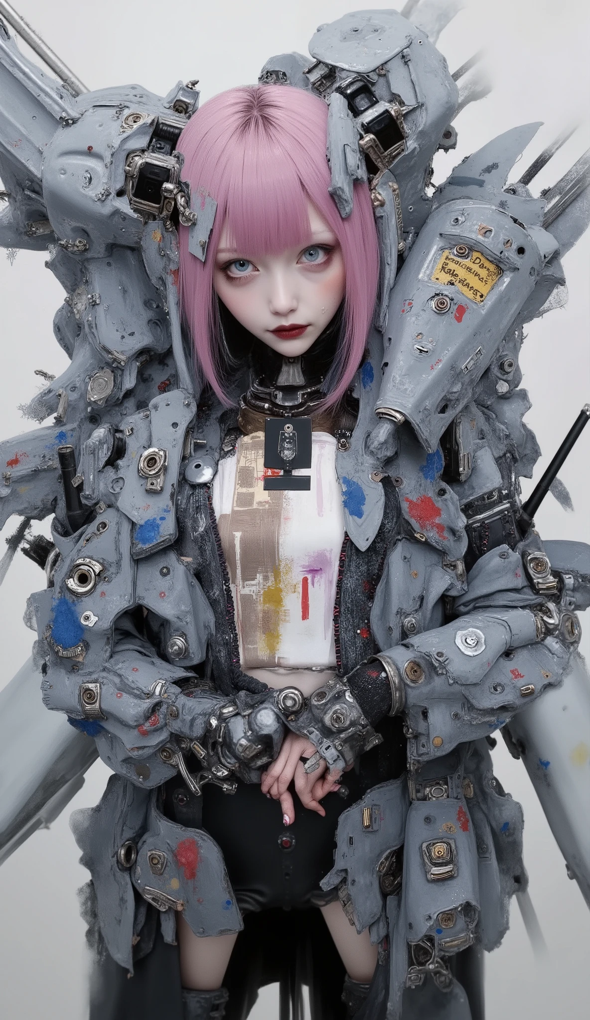 the young girl exudes a stylish and casual look, is wrapped in a surreal ensemble of mechanical armor、It contrasts with vibrant skin. her bright blue eyes and expressive face are short, pink hair, similar to her It gives an energetic attitude. She wears a colorful costume underneath an array of gray intricate metal strips, huge, overlapping parts showing a painterly texture, a fusion of modern technology and abstract art. The neutral grey tone of the armor is highlighted by、with hints of blue and red, creates depth and interest . The overall artistic style of the image is dynamic and stylized, features bold colors and soft brushstrokes, extends across、that makes you feel movement and vibrancy. This work exudes a futuristic vibe、, combines fantasy and sci-fi elements, is enhanced by the girl's calm attitude.
