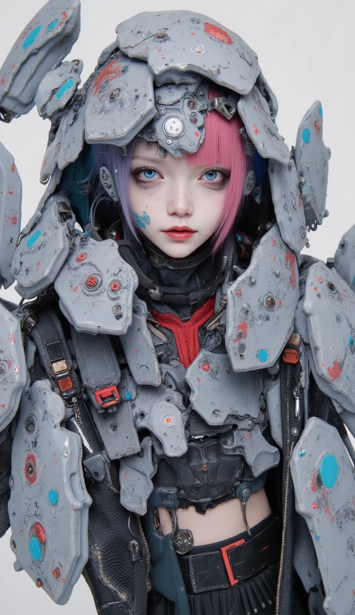 the young girl exudes a stylish and casual look, is wrapped in a surreal ensemble of mechanical armor、It contrasts with vibrant skin. her bright blue eyes and expressive face are short, pink hair, similar to her It gives an energetic attitude. She wears a colorful costume underneath an array of gray intricate metal strips, huge, overlapping parts showing a painterly texture, a fusion of modern technology and abstract art. The neutral grey tone of the armor is highlighted by、with hints of blue and red, creates depth and interest . The overall artistic style of the image is dynamic and stylized, features bold colors and soft brushstrokes, extends across、that makes you feel movement and vibrancy. This work exudes a futuristic vibe、, combines fantasy and sci-fi elements, is enhanced by the girl's calm attitude.