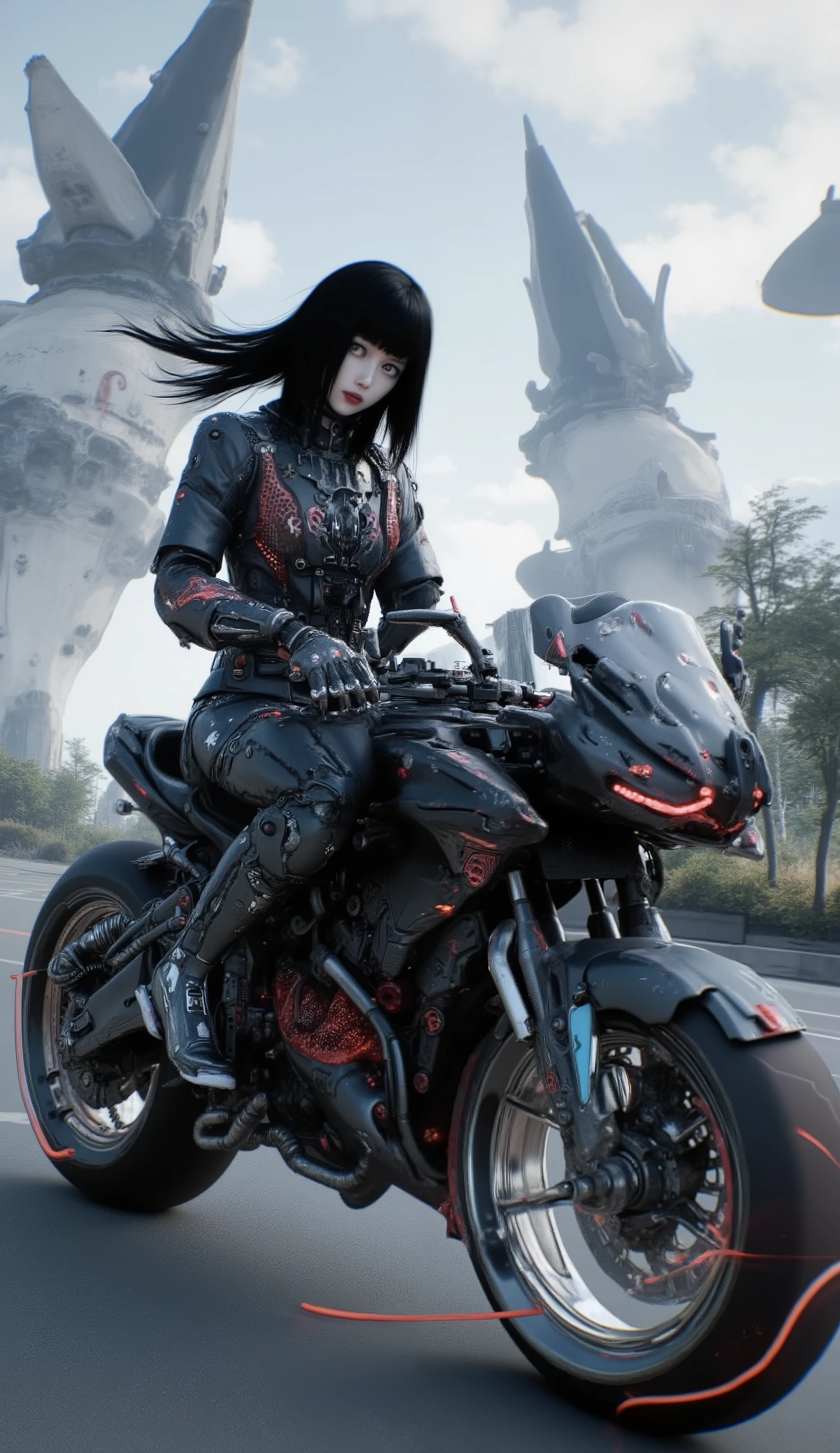 Anime girl riding a motorcycle with a backpack on her back, cool Mecha style, # Mecha, Mecha inspired, female Mecha, by Kamisaka Sekka, Mecha art, Mecha anime, animated robot mixed with organic matter, Zoids Art, :14 FLCL + Akira, seapunk Mecha, Mecha human, giant anime Mecha