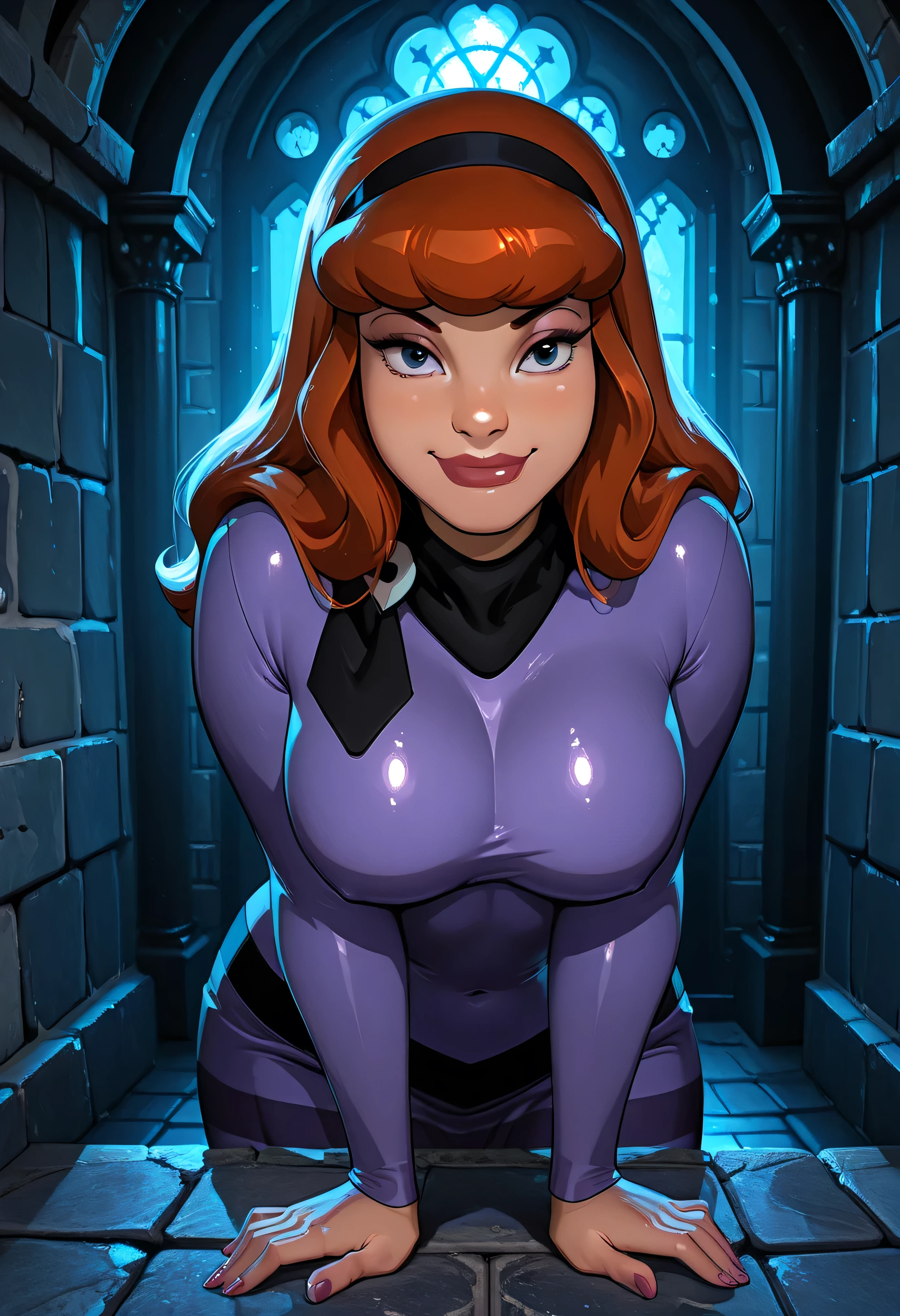 "Daphne Blake from Scooby Doo , exact body , exact face , exact hair style , exact hair colour , shiny skin with huge medium " pressing her back against a stone wall in a gothic castle hallway, happy smile, leaning with forward under torchlight, soft shadows enhancing curves, cinematic detail.