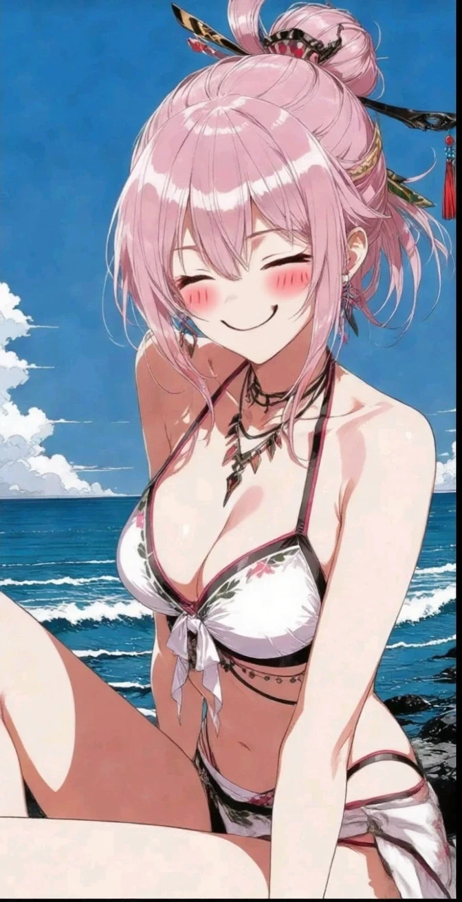 mare,Sun-drenched beachside,Glossy light brown and light pink hair,Light brown, Red and orange,The hair is fluffy and super long,plump and soft body,Colorful and luxurious -type swimwear, is full of frills,Posing in a standing position,She wears a light shirt with long sleeves over her swimsuit,Beautiful and glossy  feet,reddish,white,happily face,Smile on his face,Face of pleasure,AHE Face,ecstacy,Slightly disheveled clothes,Fornication,,The body is in normal shape