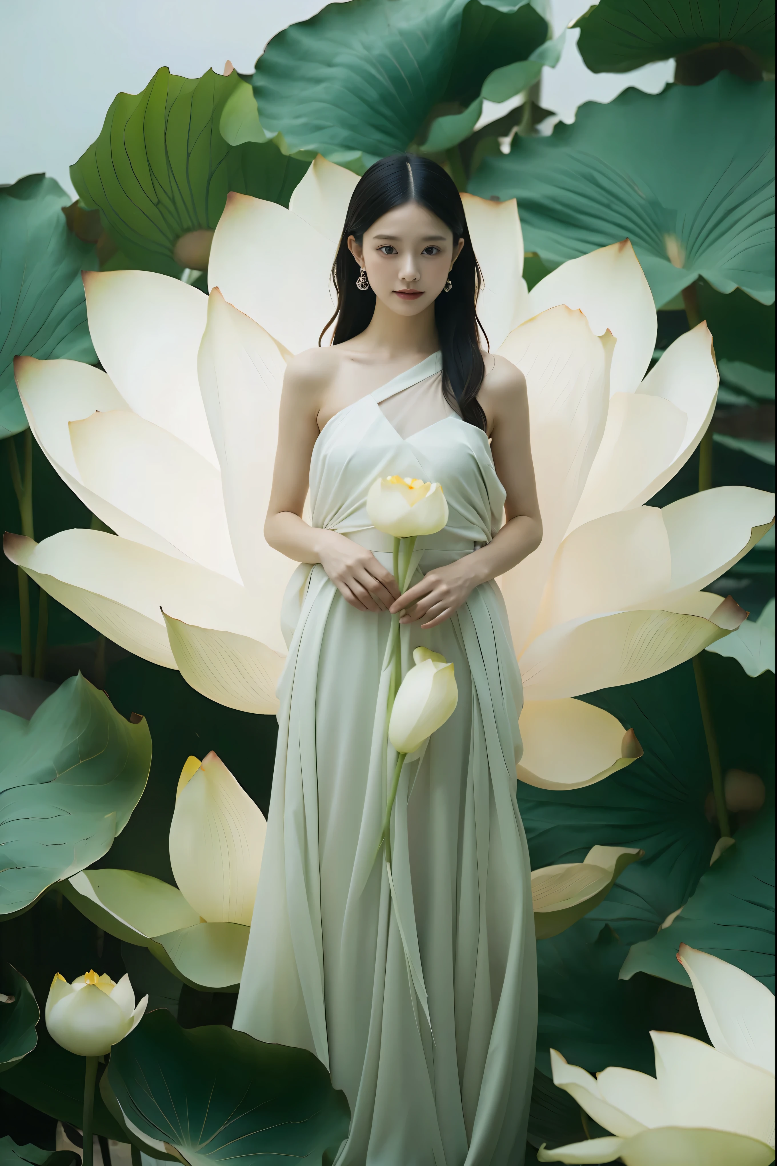 Light pink and light white tones,Full body feminine love, white background, natural lighting, Light effect, minimum, amazing, Pure tenderness, Soft lighting, Realistically. Woman is ( collarbone , B shoulder,) Put in (Pray and stand) super giant Lotus,Leaves are big and long (Delicate petals, soft gauze , Full background of flowing petals, Floating petals, Super flying petals, Mixed effect of smoke and petals), Lotus dress,((meaning)).Lotus_paper_Fairy