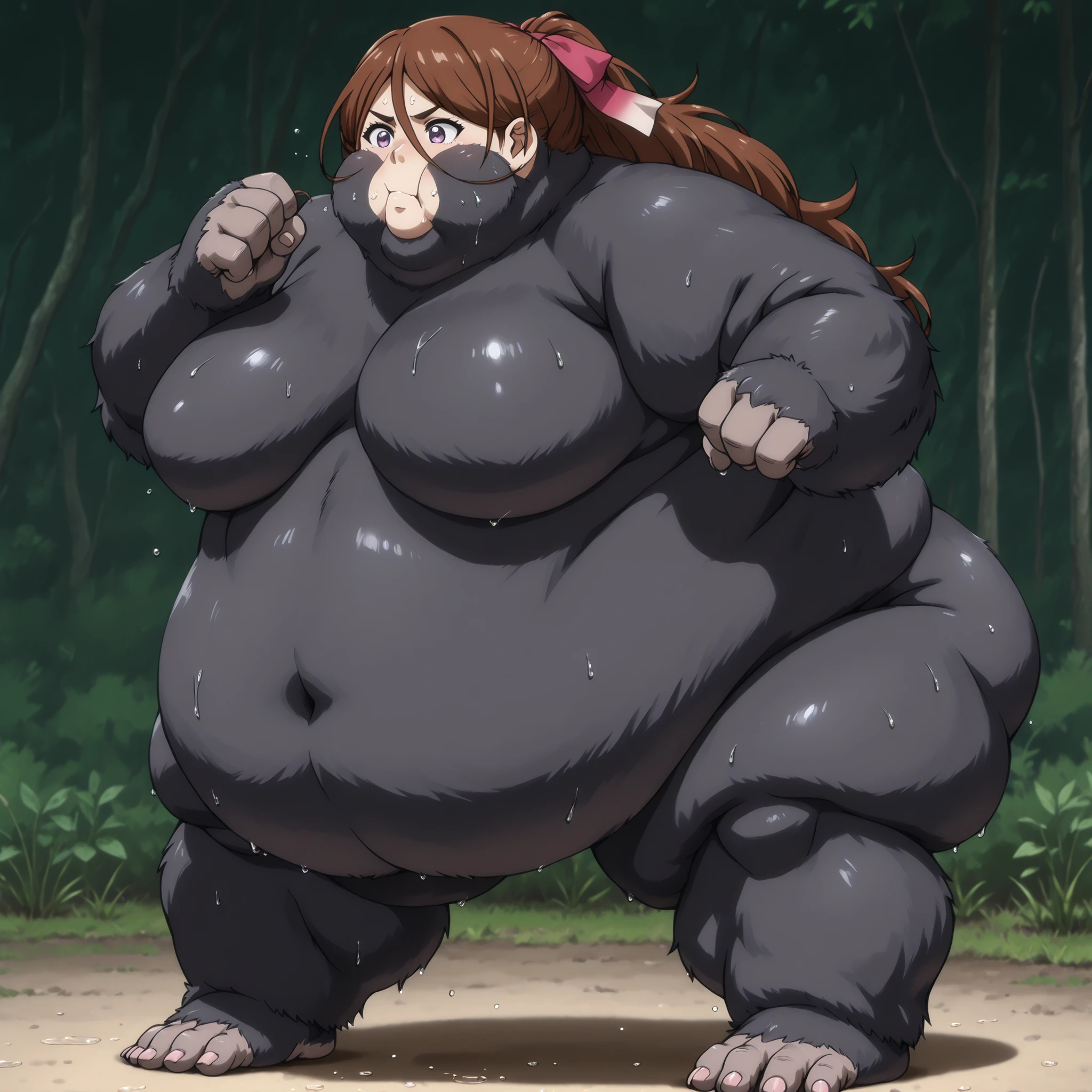  kenshinsatsuki, purple eyes, brown hair, hair between eyes, hair ribbon, long hair, ponytail BREAK, naked, ,  fat, chubby, obese, gigantic arms and legs, large breasts, sweating, wet body, swollen face, Fat_neck , Fat head , eyes with crushed cheeks , nose with crushed cheeks , mouth with crushed cheeks , chin roll, full body shot, long arms, length arms, Fem_gorilla, gorilla hands, big feet, gorilla feet, hairy, female gorilla, furry body,