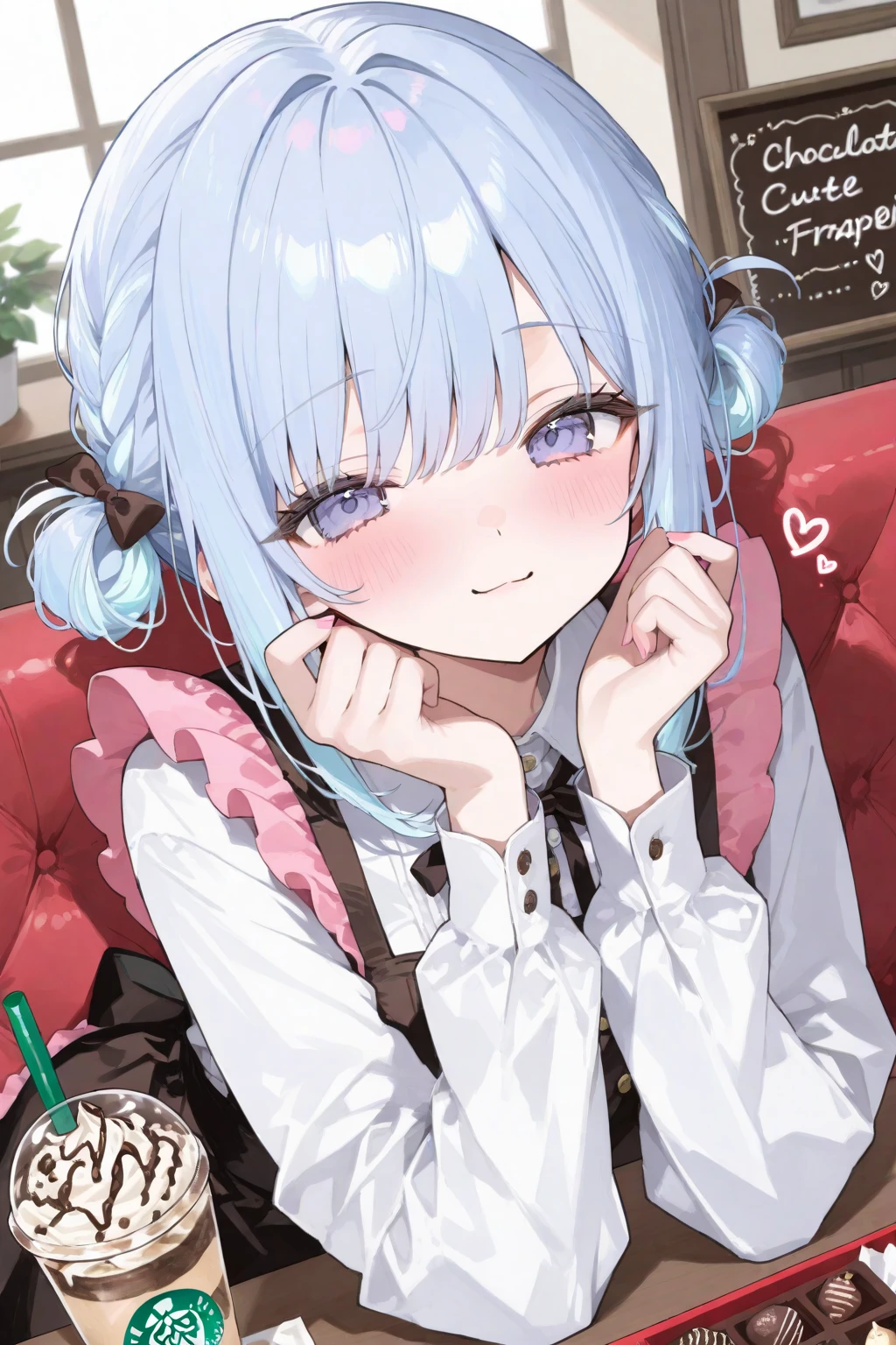,,1girl,Girl with horse ears and tail,Silver Hair,Red eyes,Curly medium short hair,Square glasses,Wearing a large white coat,hoodie,,Dairy-free,garter belt,smile,Sit on a chair,desk,Character portrait,full Art,machine,Phone in hand,Hold the phone to your ear,Mug in hand