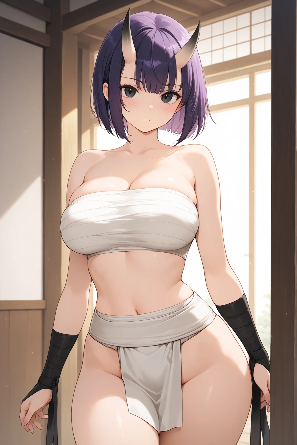 score_9, score_8_up, score_7_up, perfect face, perfect eyes, detailed face, detailed eyes, 1girl, solo, , smile, short hair, bangs, , simple background, purple hair, white background, (brown eyes:1.5), wide , source_anime, karate gi
