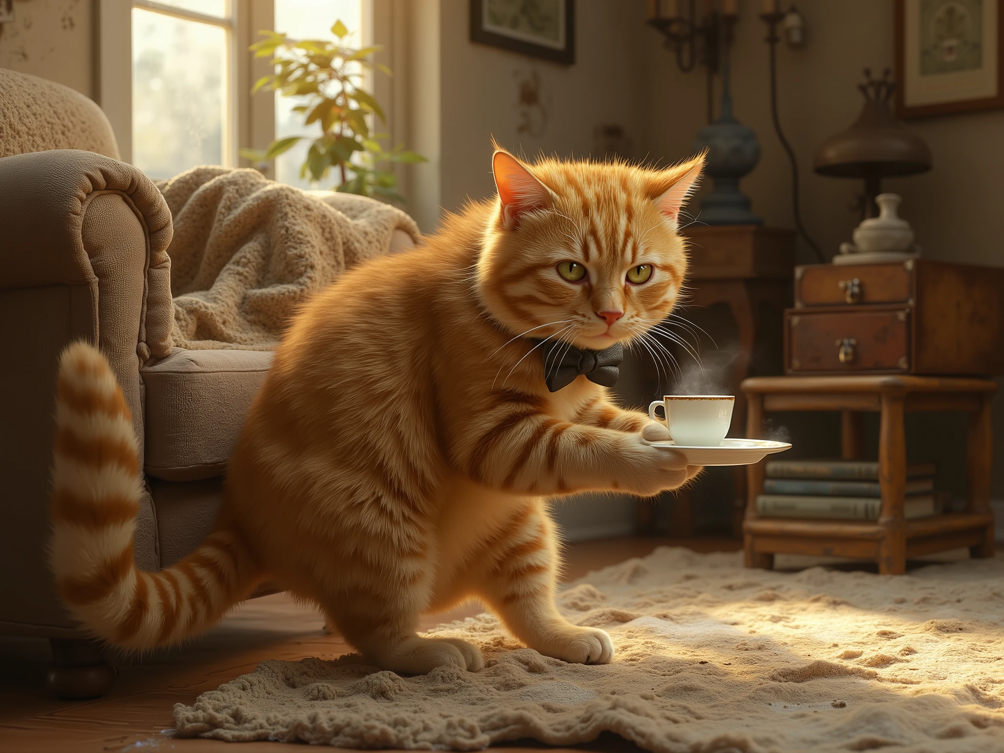 masterpiece, heartwarming illustration, cinematic painterly style: An adorable, fluffy ginger tabby cat acting as a miniature butler. The cat wears a tiny, slightly askew black bowtie around its neck. It stands diligently on its hind legs on a soft rug, next to a large, comfortable, worn plush armchair in a cozy living room setting. With intense concentration and gentle paws, the cat is carefully presenting/pushing forward a small, elegant silver tray holding a single, steaming porcelain teacup and saucer. Focus is sharp on the cat butler and the tea set. Scene details: Warm afternoon sunlight streaming dramatically through a nearby window, dust motes visible in light rays, soft shadows, cozy environment with a knitted blanket draped over the armchair, stacked books on a low wooden side table. Implied human companion just out of frame (recipient of the tea). Mood: Cozy, heartwarming, whimsical, gentle humor, deep animal-human companionship, quiet daily life magic. Art style: Highly detailed, photorealistic cat fur texture, expressive eyes, blended with soft, painterly lighting and background (like a storybook illustration brought to life). Warm color palette. Trending on Artstation, award-winning digital painting. 8k resolution.
--ar 4:3